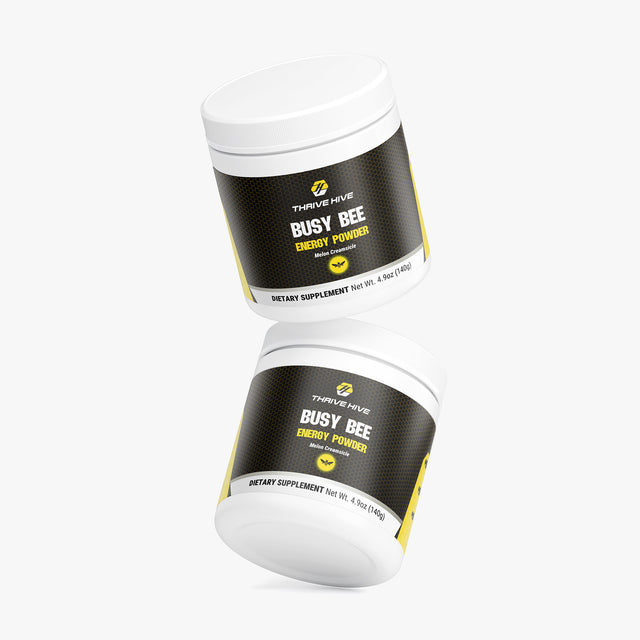 Thrive Hive Busy Bee Energy Powder jar in Melon Creamsicle flavor for sustained focus.