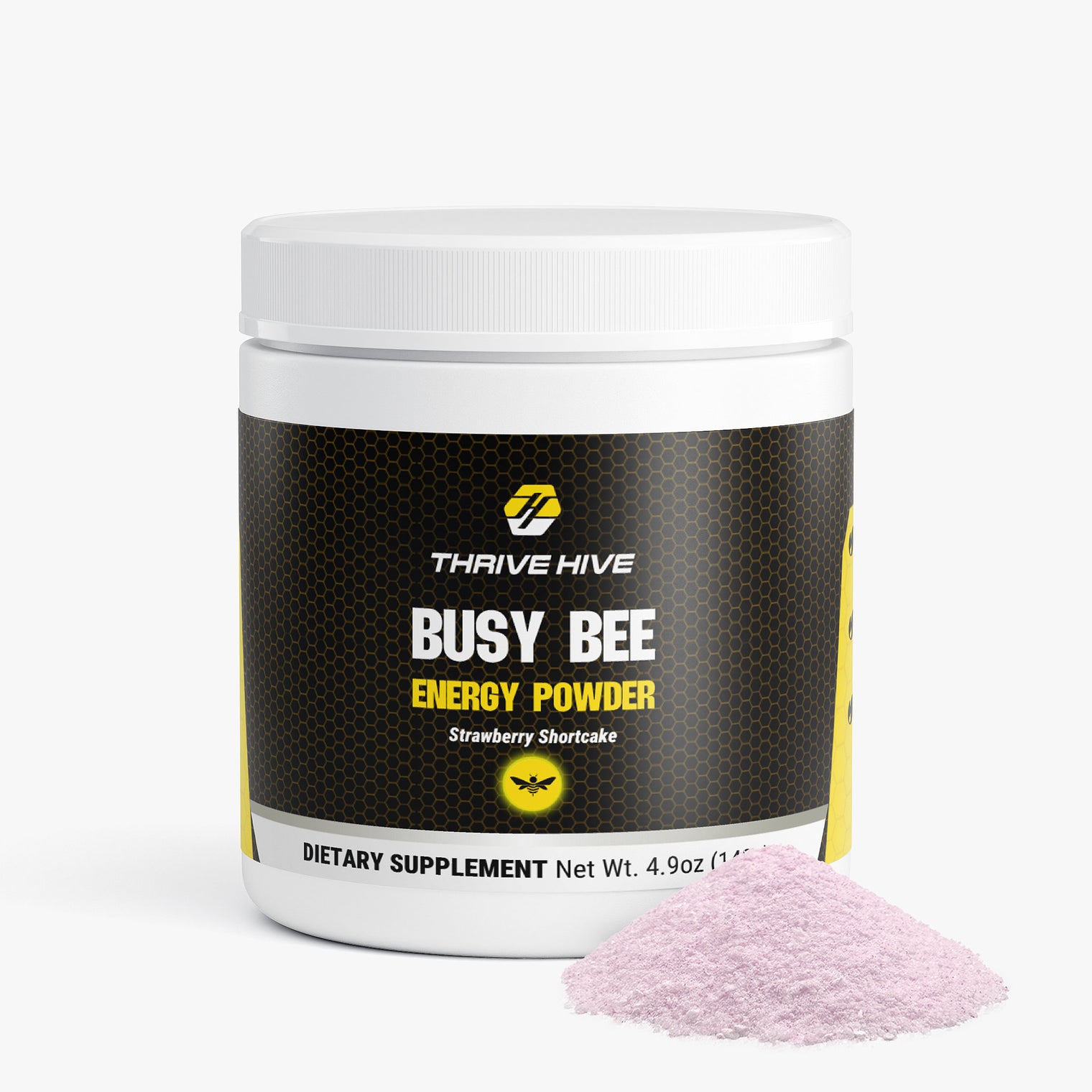 Thrive Hive Busy Bee Energy Powder jar in Strawberry Shortcake flavor for sustained focus.
