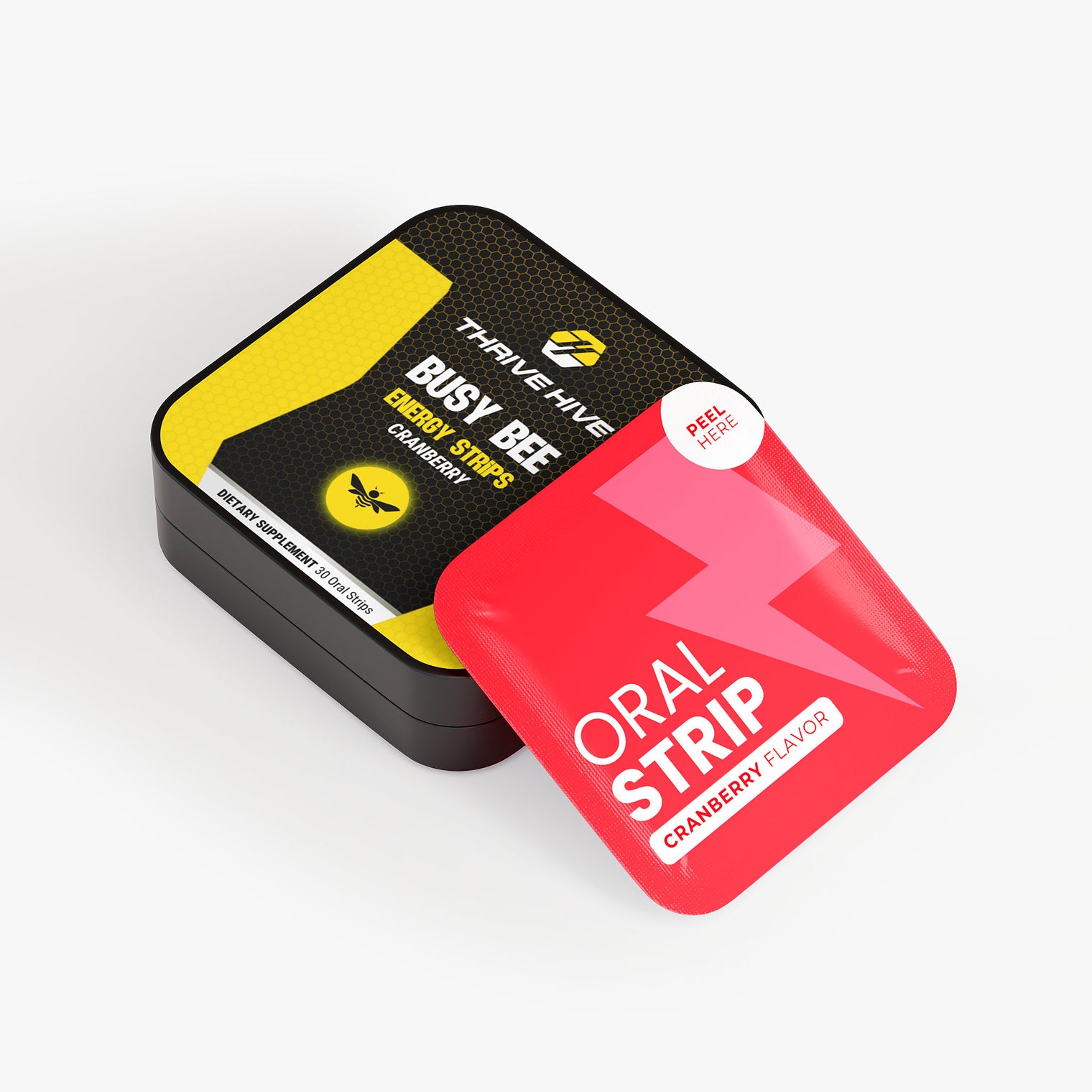 Thrive Hive Busy Bee Energy Strips box, a fast-acting supplement for sustained energy.