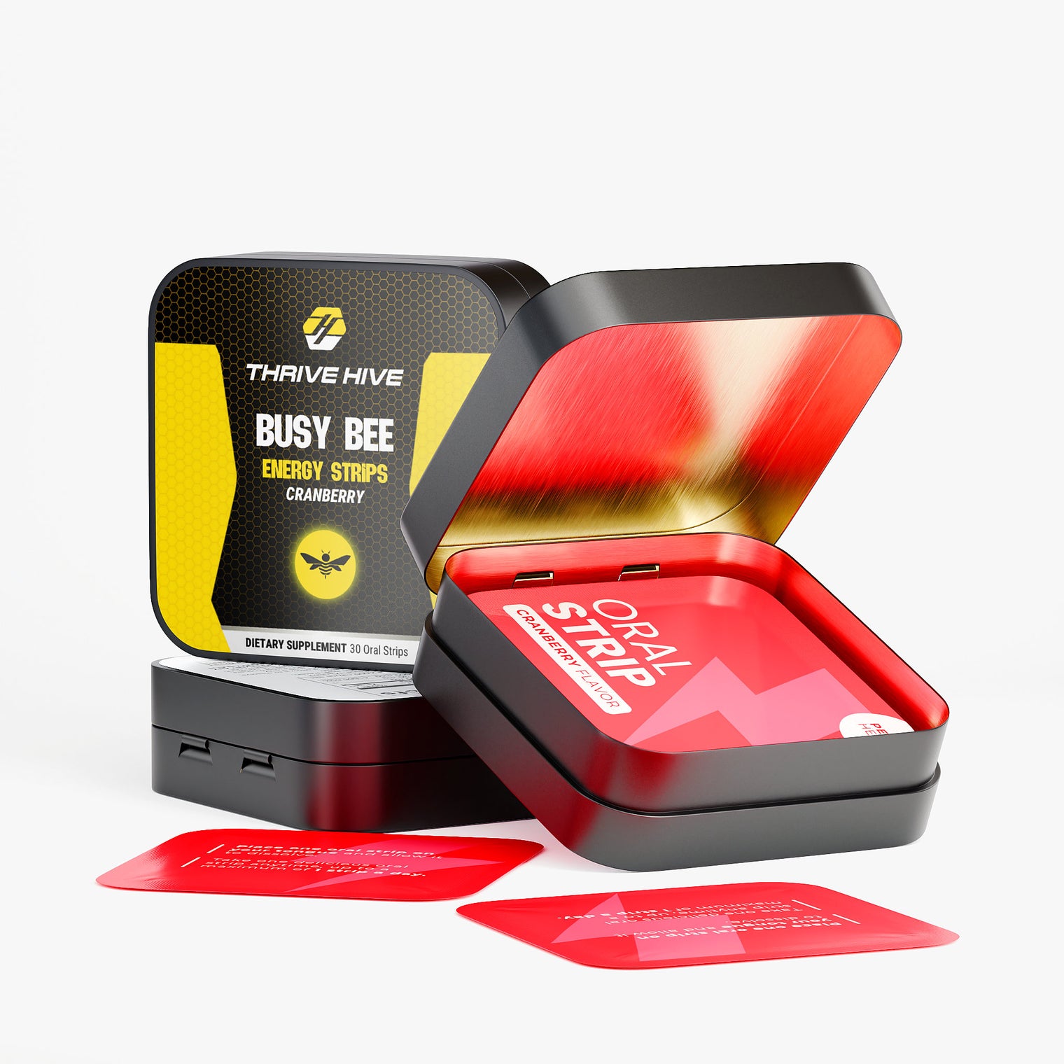 Close-up of a Cranberry-flavored oral strip from Thrive Hive's no-crash energy supplement.