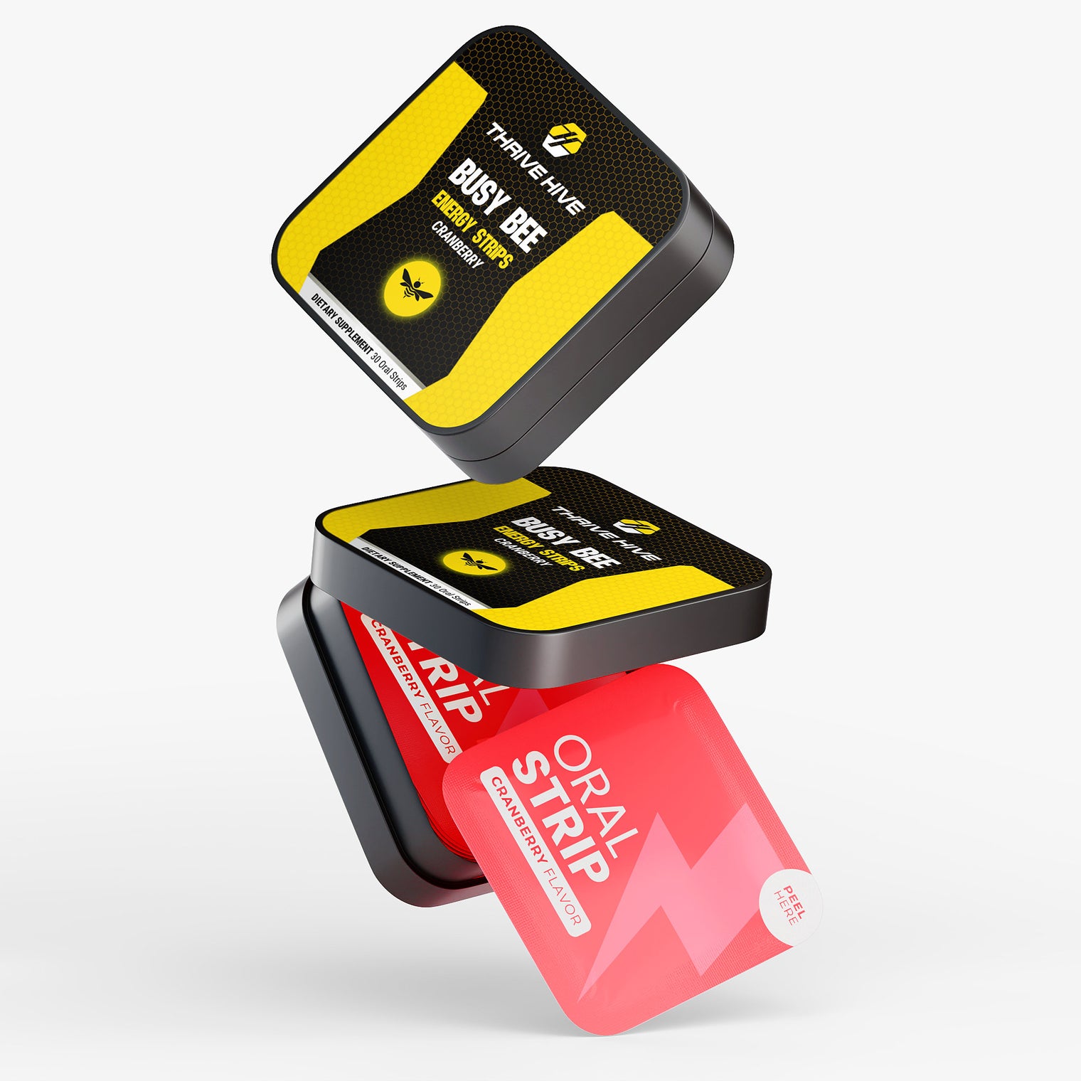 Close-up of a Cranberry-flavored oral strip from Thrive Hive's no-crash energy supplement.