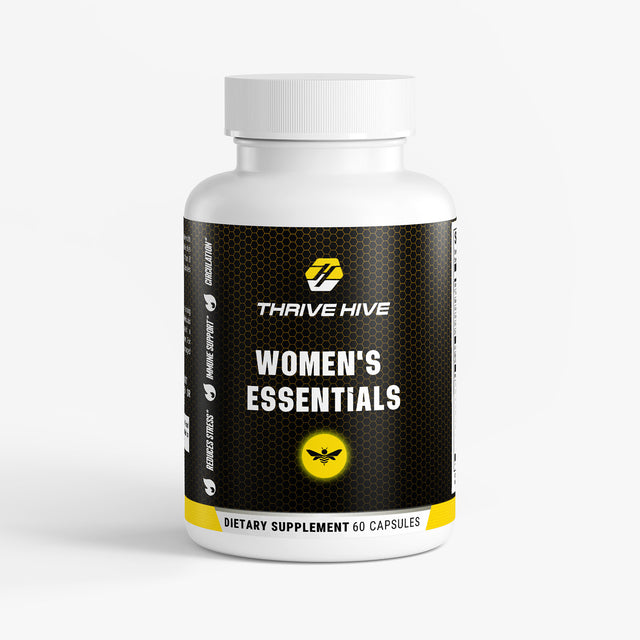 Thrive Hive Women's Essentials bottle, a daily supplement for vitality and energy.