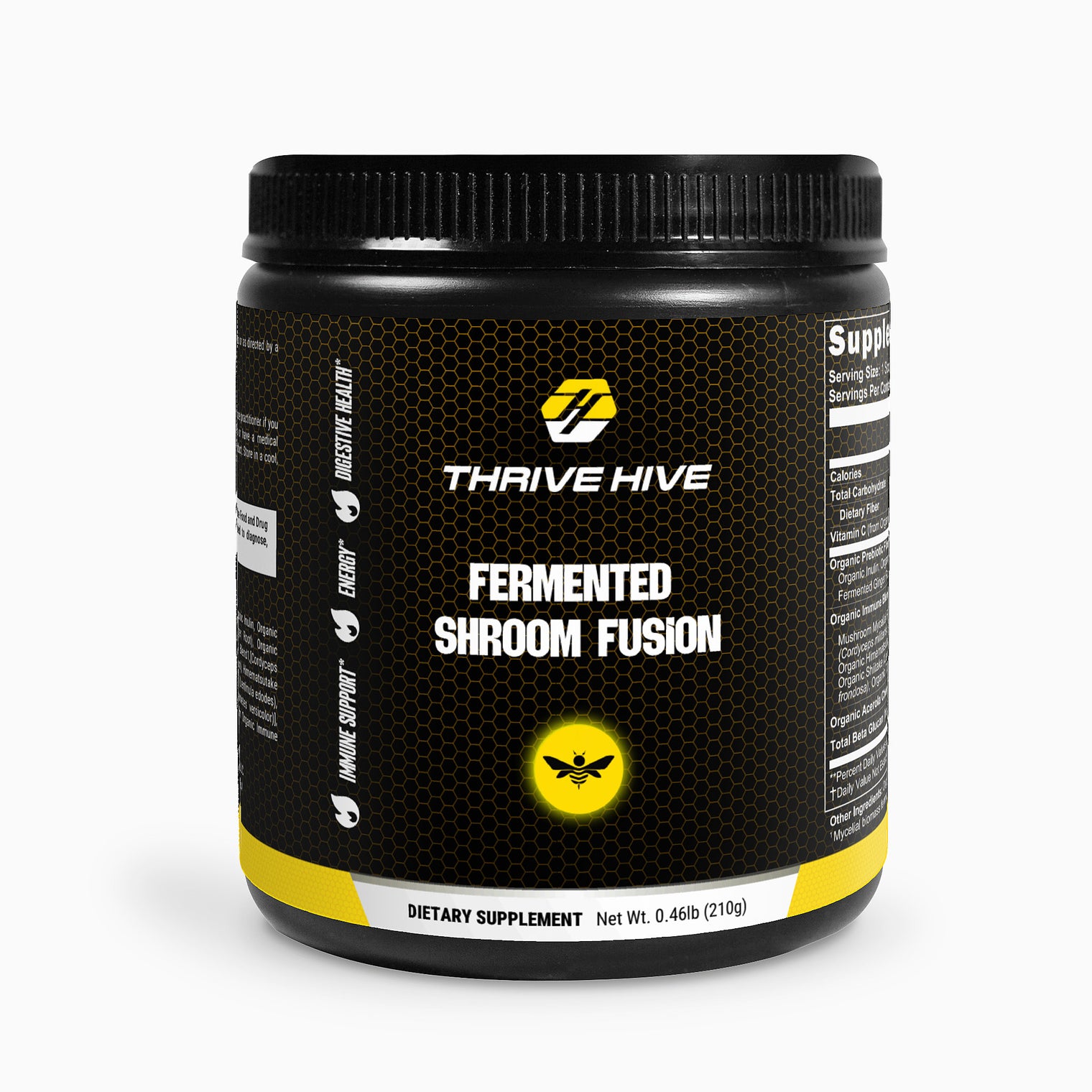 Thrive Hive Fermented Shroom Fusion container, a premium fermented mushroom powder for immune and gut health.