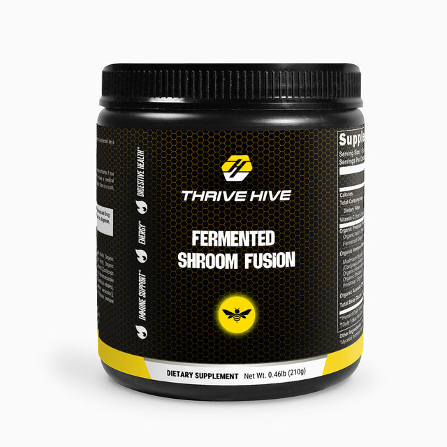 Thrive Hive Fermented Shroom Fusion container, a premium fermented mushroom powder for immune and gut health.