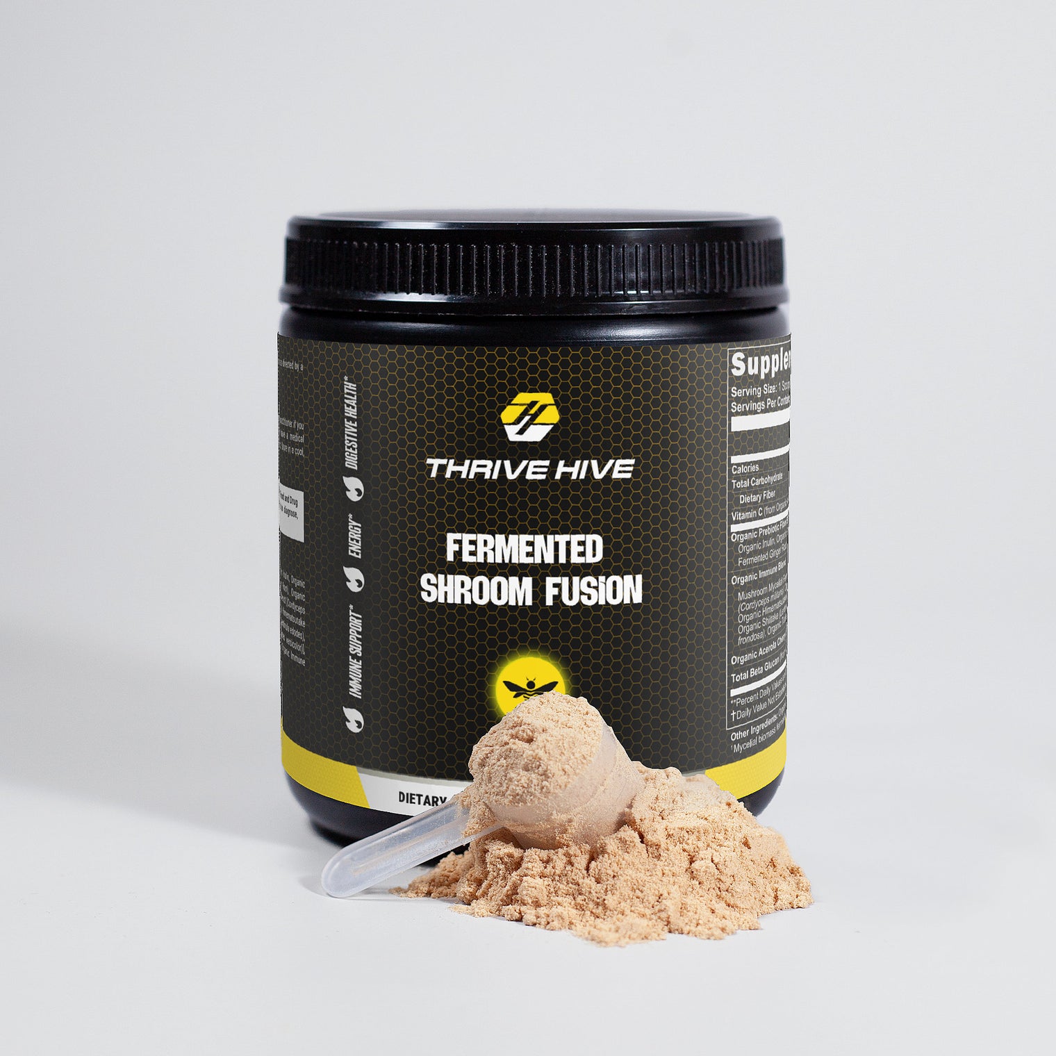 A scoop of Thrive Hive's Fermented Shroom Fusion powder, showing its fine texture for easy mixing.