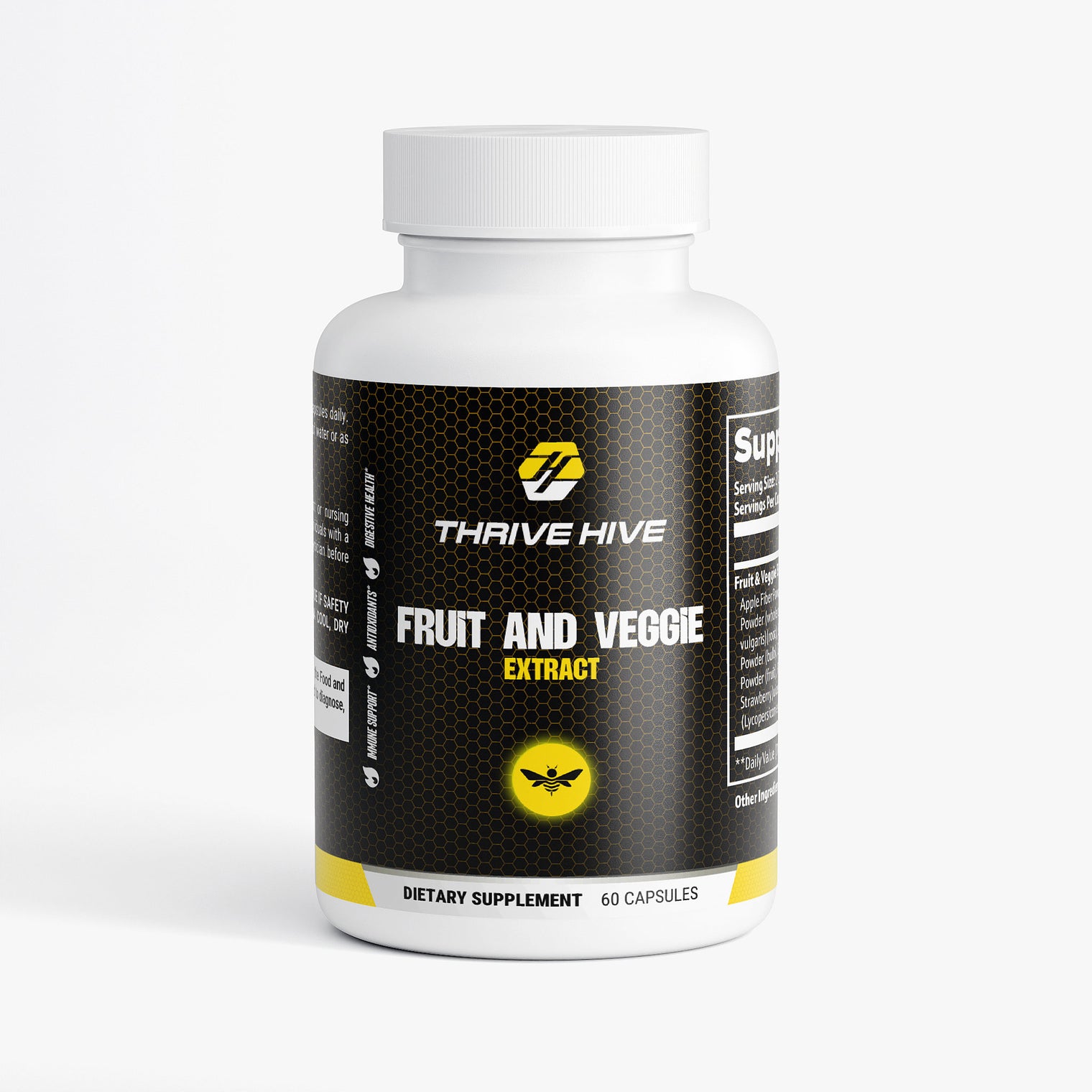 Thrive Hive Fruit and Veggie Extract bottle, a daily supplement for comprehensive nutritional support.