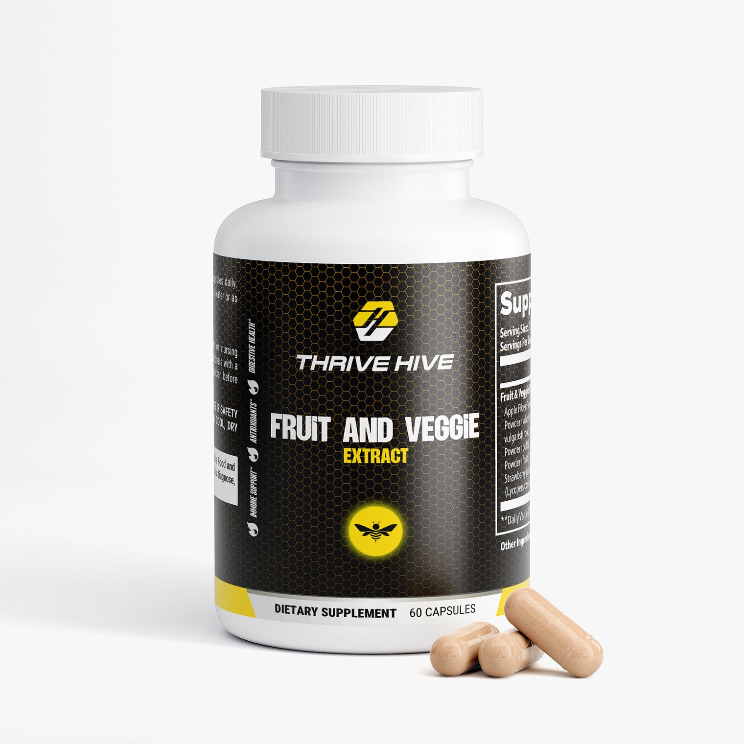 Thrive Hive Fruit and Veggie Extract bottle, a daily supplement for comprehensive nutritional support.