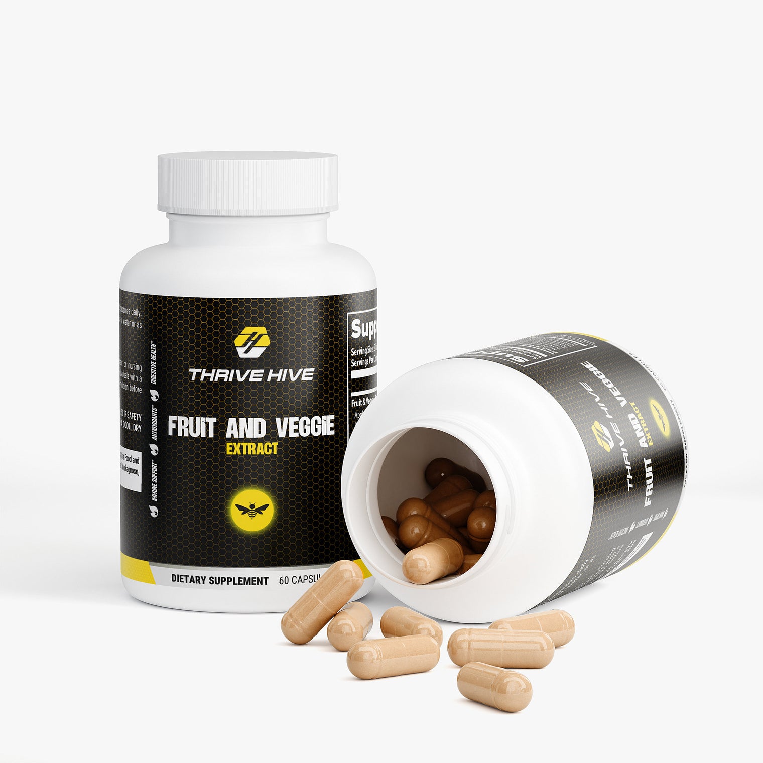 Close-up of a Thrive Hive Fruit and Veggie Extract capsule, containing concentrated powders from various fruits and vegetables.