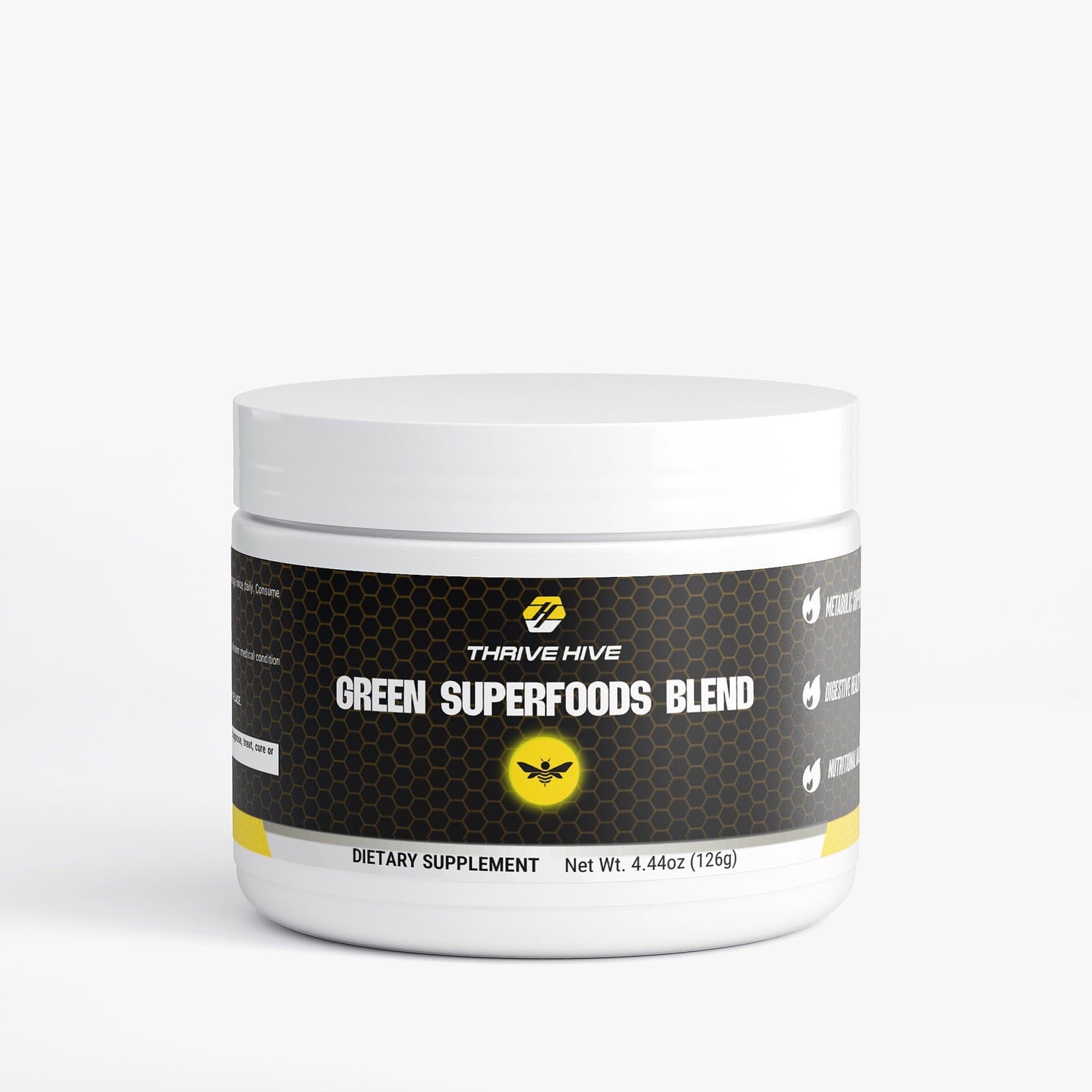 Thrive Hive Green Superfoods Blend container, a greens powder for daily nutrition and wellness.