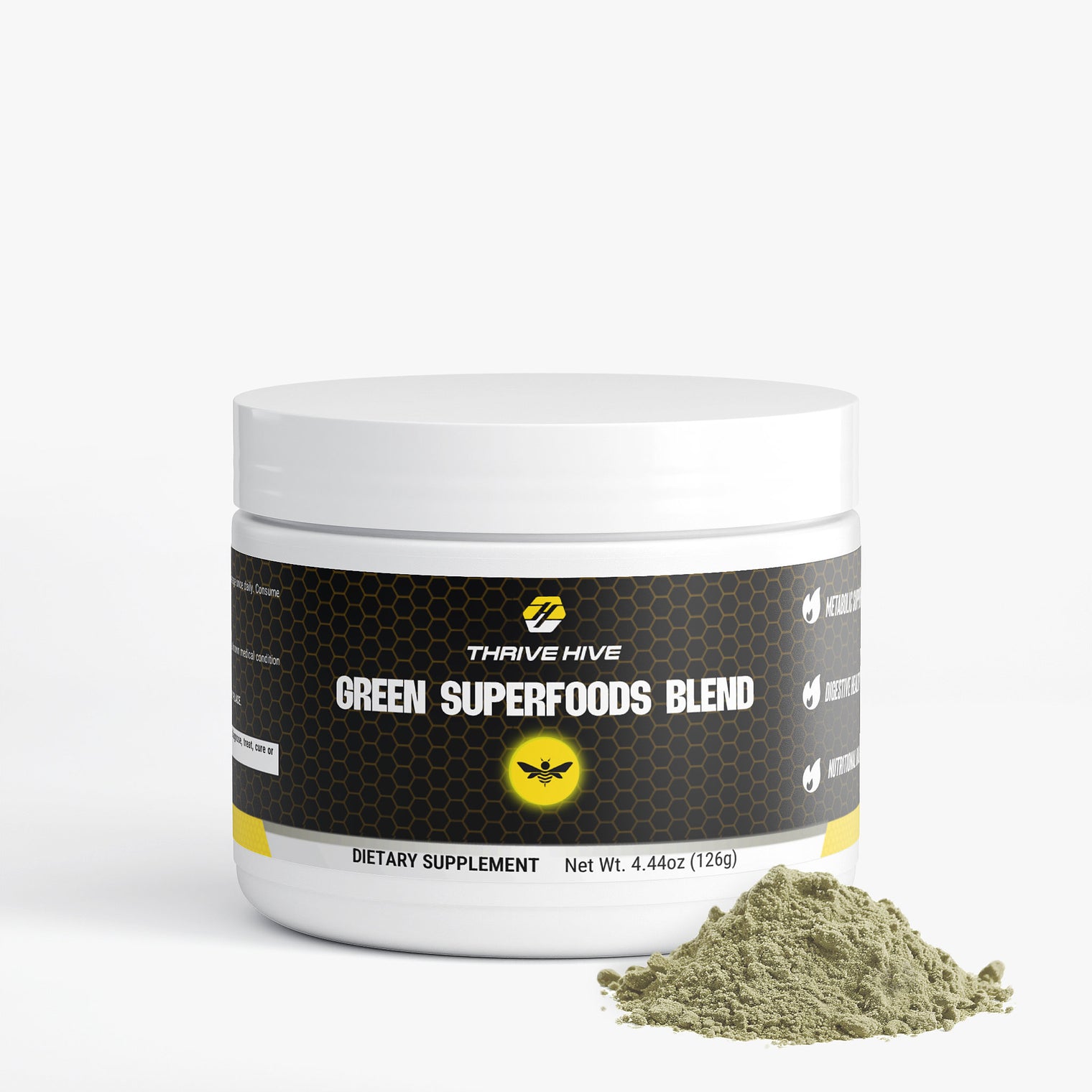 Thrive Hive Green Superfoods Blend container, a greens powder for daily nutrition and wellness.