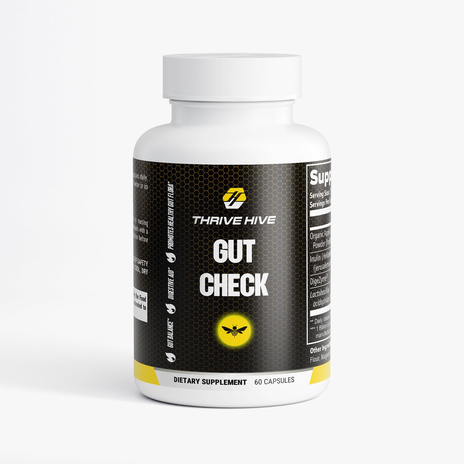 Thrive Hive Gut Check bottle, a probiotic and prebiotic supplement for digestive health.