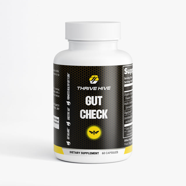 Thrive Hive Gut Check bottle, a probiotic and prebiotic supplement for digestive health.