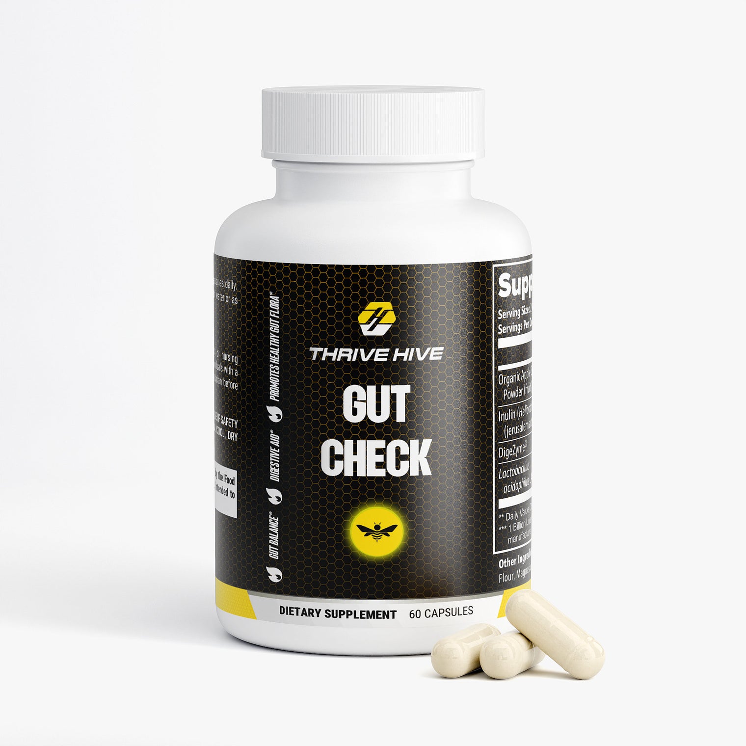 Thrive Hive Gut Check bottle, a probiotic and prebiotic supplement for digestive health.