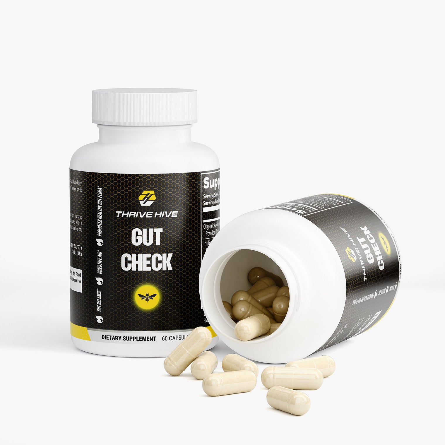 Close-up of a Thrive Hive Gut Check capsule, a comprehensive formula for a balanced gut.