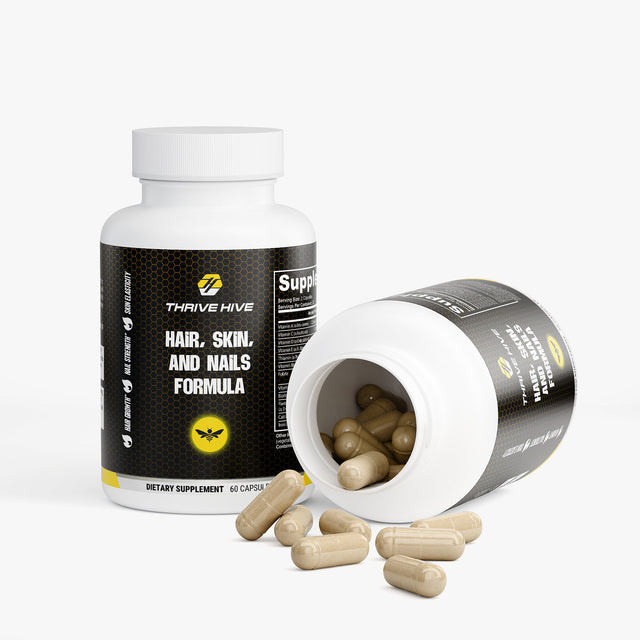 Close-up of a Thrive Hive Hair, Skin and Nails Formula capsule, a comprehensive blend of vitamins and minerals.