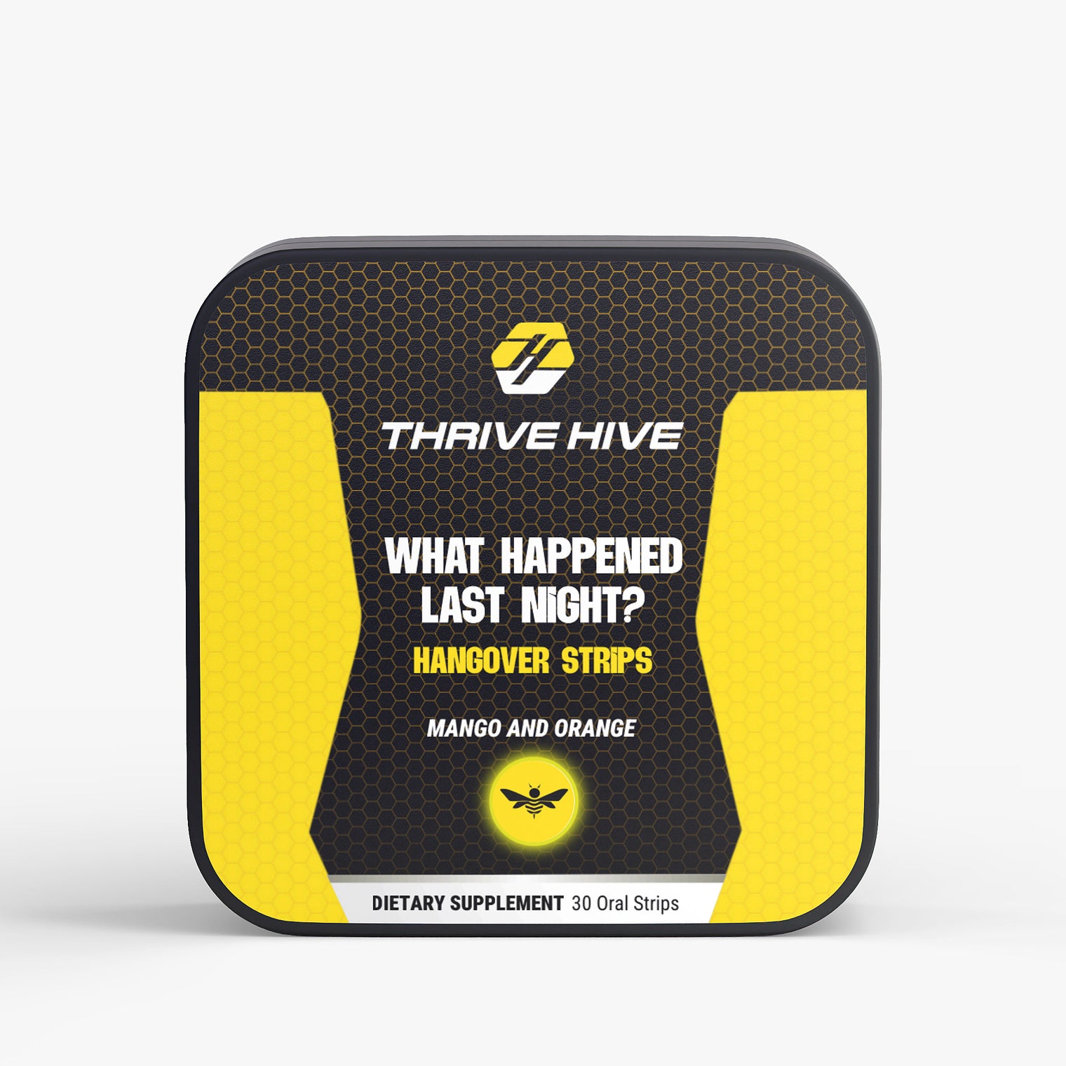 Thrive Hive "What happened last night?" HANGOVER STRIPS box for post-party wellness.