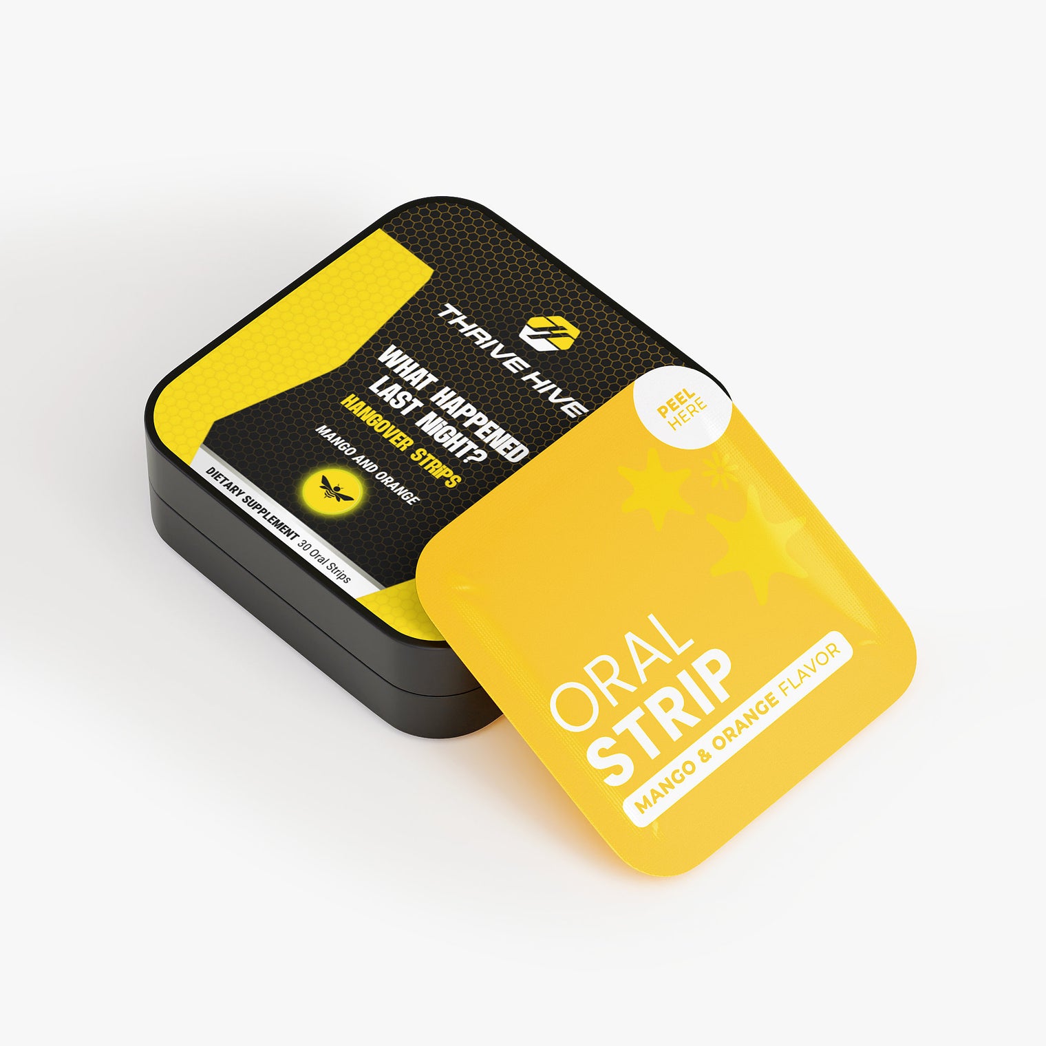 Close-up of a Mango-Orange flavored oral strip from Thrive Hive's hangover relief supplement.