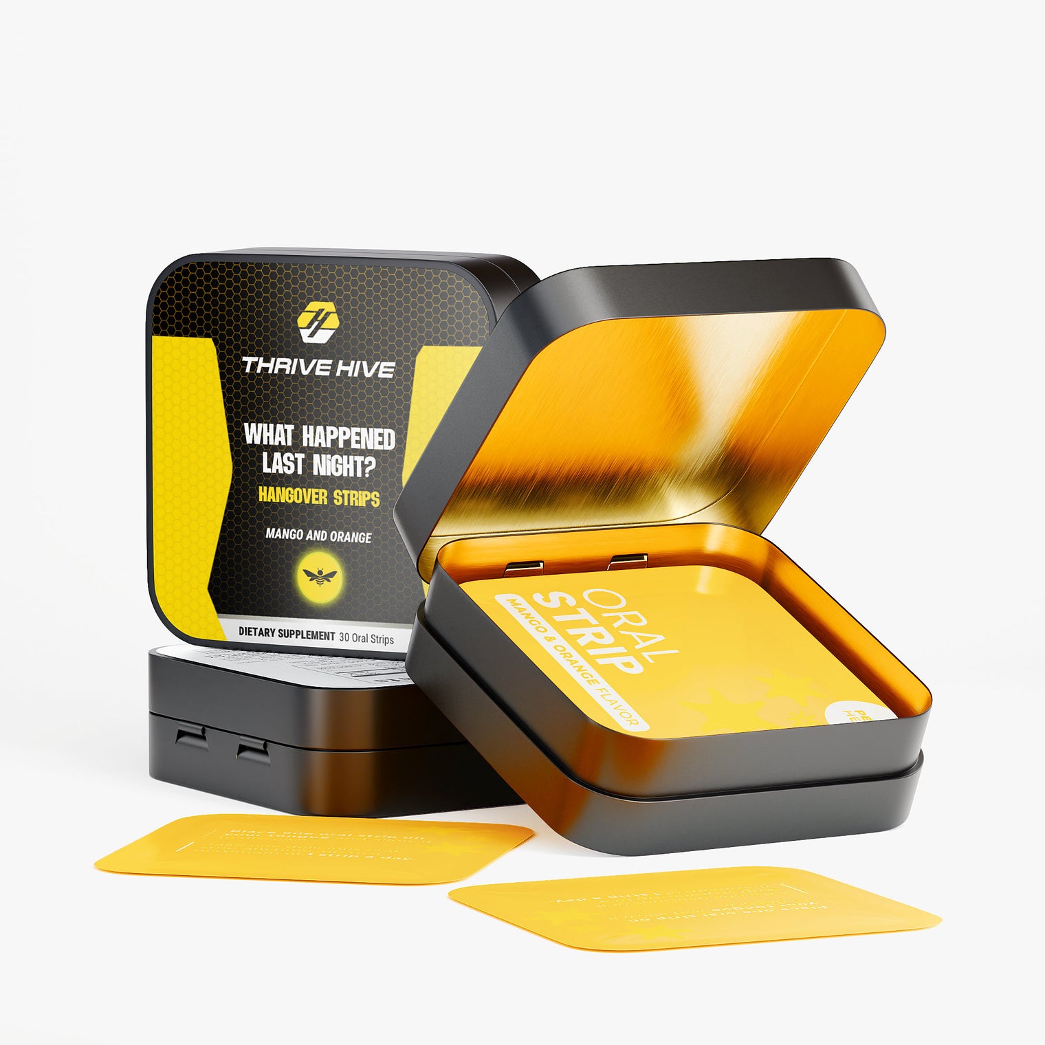 Close-up of a Mango-Orange flavored oral strip from Thrive Hive's hangover relief supplement.