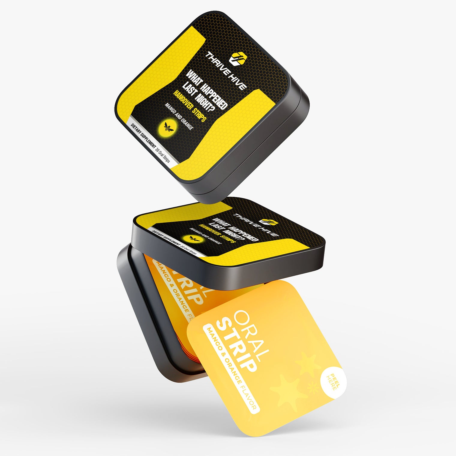 Close-up of a Mango-Orange flavored oral strip from Thrive Hive's hangover relief supplement.