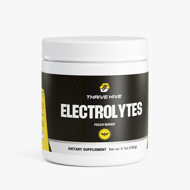 Thrive Hive Peach Mango Electrolytes jar, a keto-friendly electrolyte powder for all-day consumption.