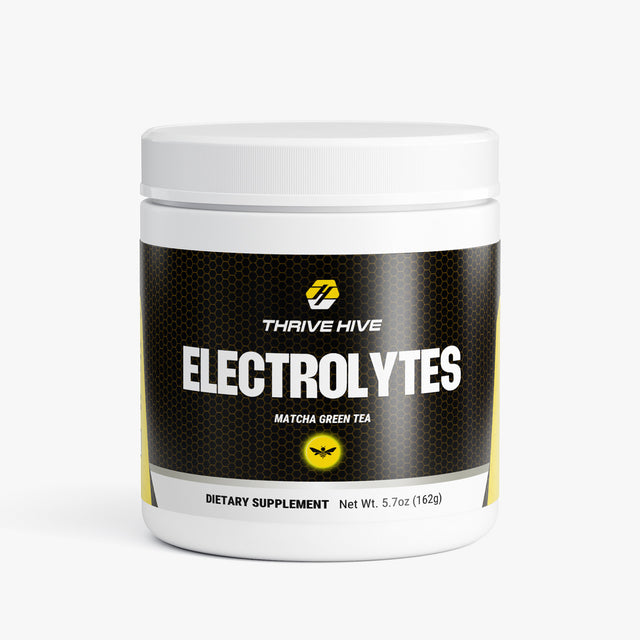 Thrive Hive Match Green Tea Electrolytes jar, a keto-friendly electrolyte powder for all-day consumption.