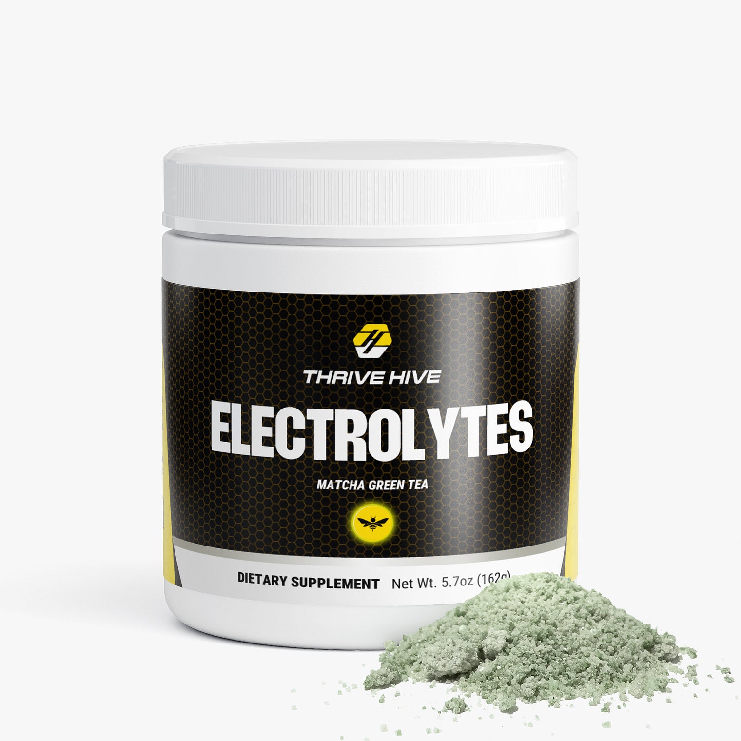 Thrive Hive Match Green Tea Electrolytes jar, a keto-friendly electrolyte powder for all-day consumption.
