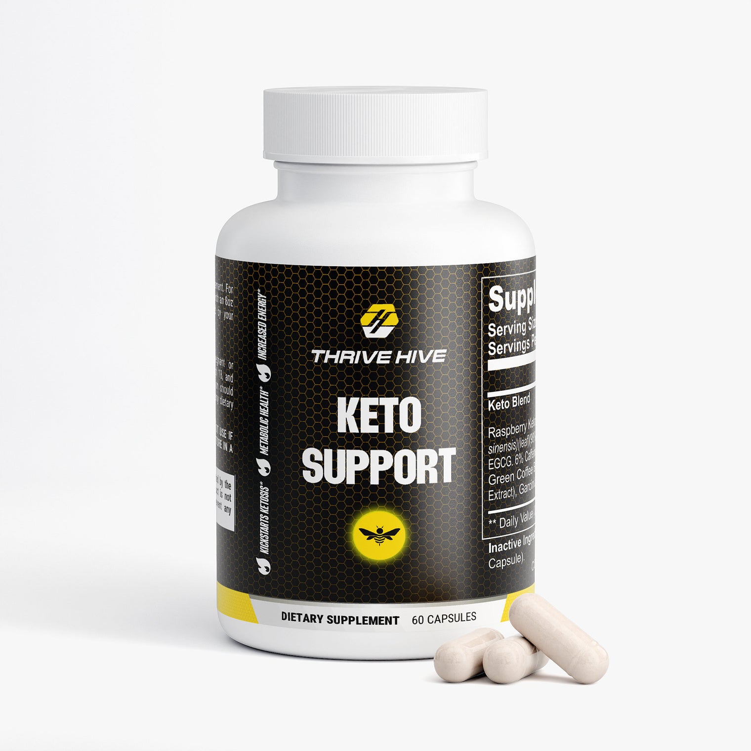Thrive Hive Keto Support bottle, a natural supplement to aid in weight loss and ketosis.