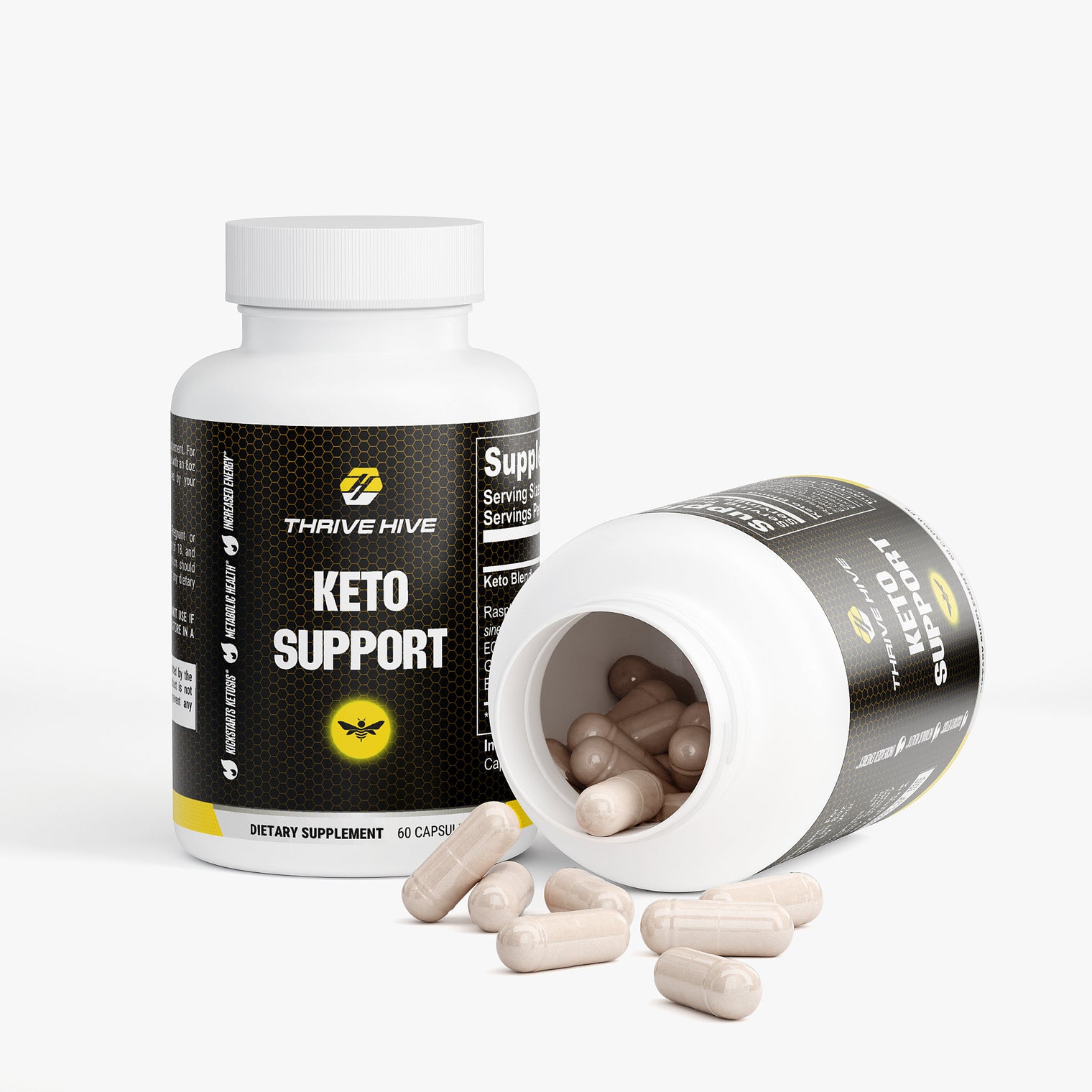 Close-up of a Thrive Hive Keto Support capsule, a fat burner with Raspberry Ketone and Green Tea.