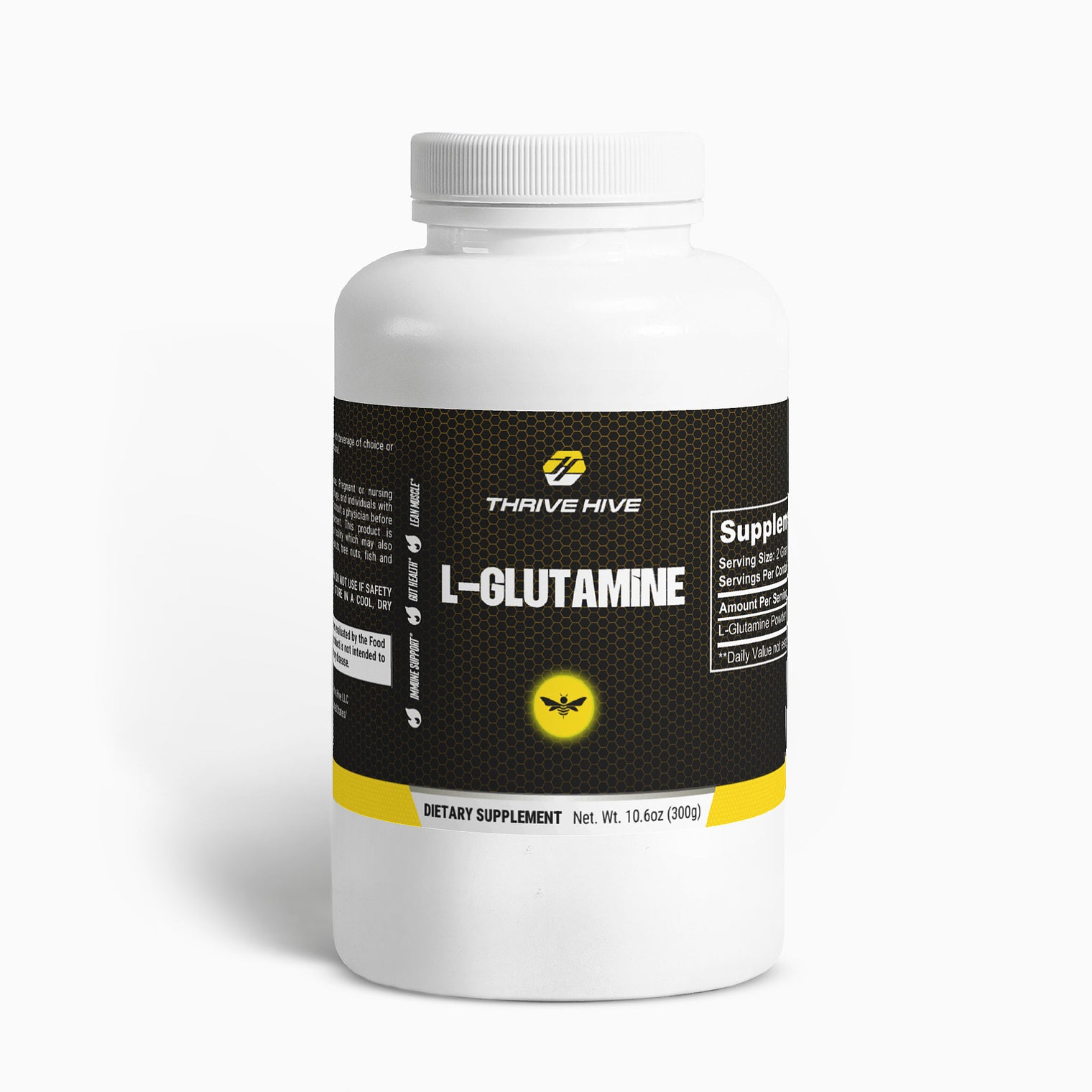 Thrive Hive L-Glutamine powder container, a muscle recovery and immune support supplement.