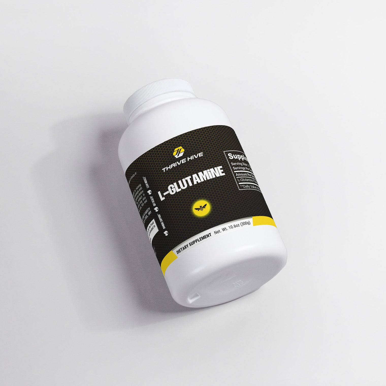 Thrive Hive L-Glutamine powder container, a muscle recovery and immune support supplement.