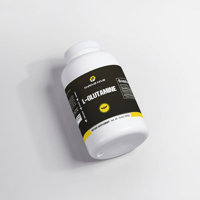 Thrive Hive L-Glutamine powder container, a muscle recovery and immune support supplement.