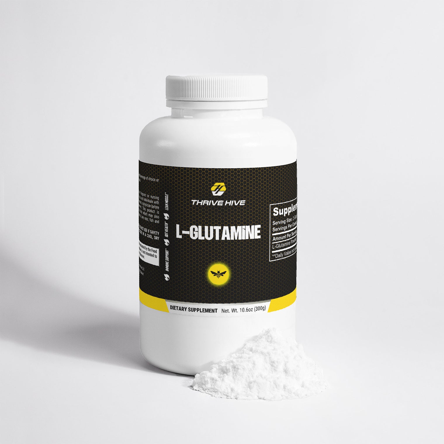 Thrive Hive L-Glutamine powder container, a muscle recovery and immune support supplement.
