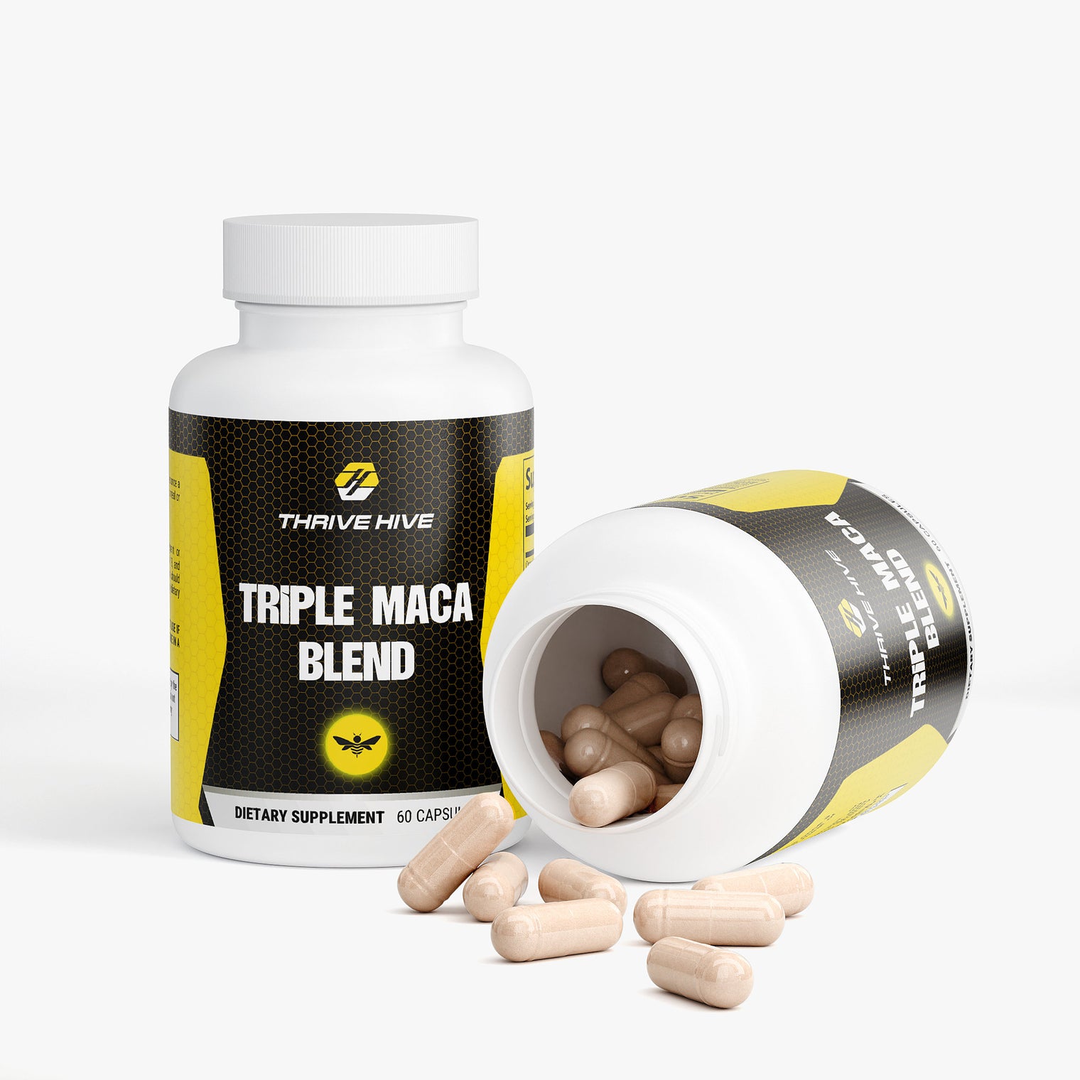 Close-up of Thrive Hive's Triple Maca Blend capsules, a natural supplement for hormonal balance.