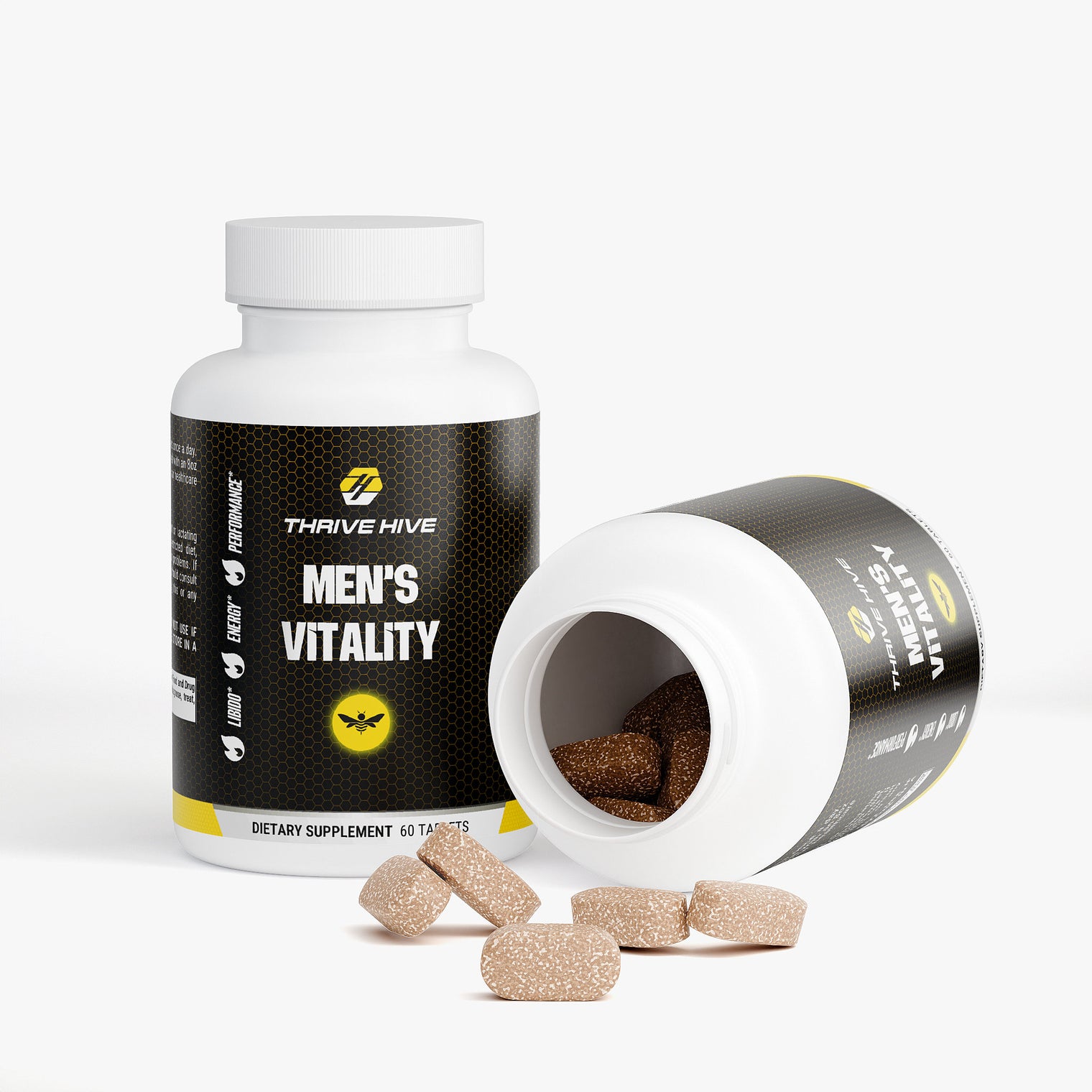 Close-up of a Thrive Hive Men's Vitality tablet, a proprietary blend of vitamins and herbs.