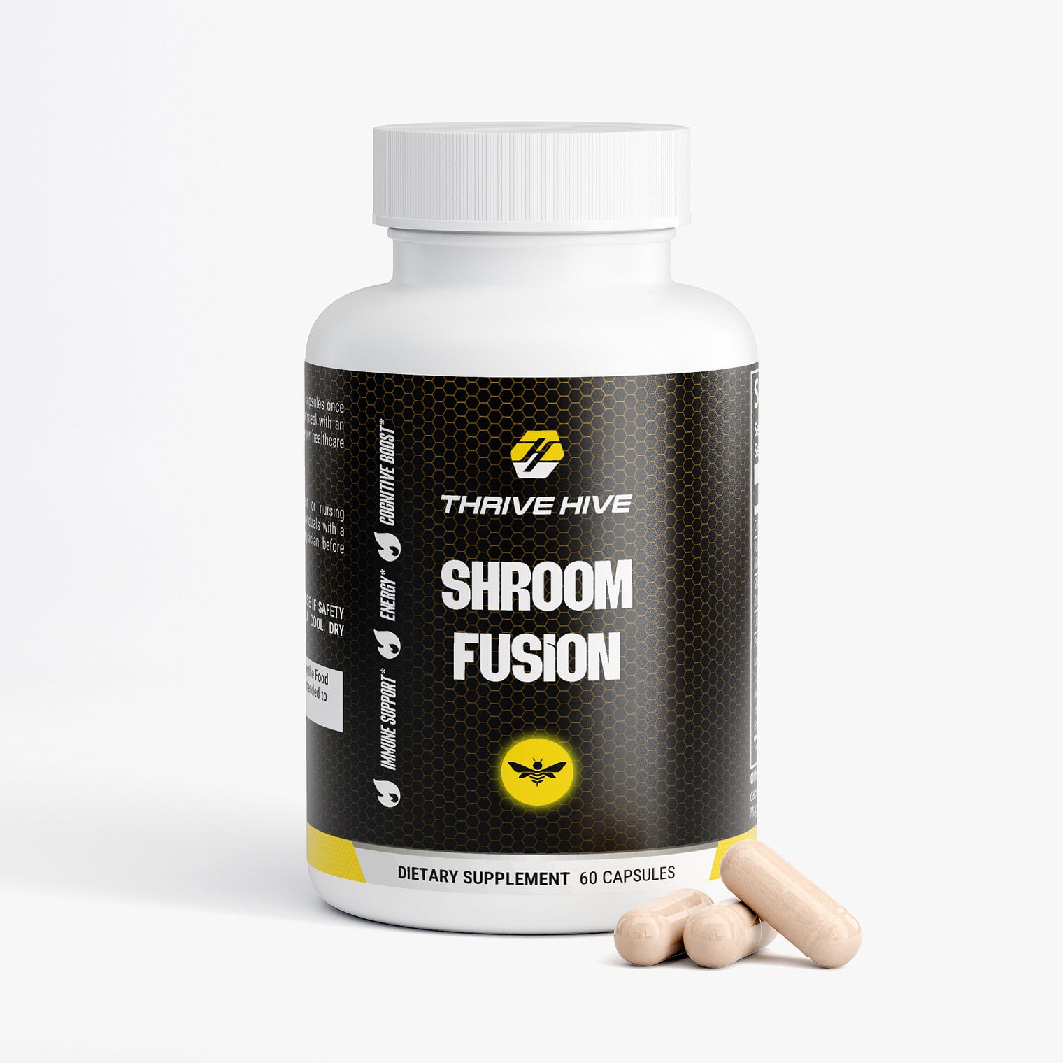 Thrive Hive Shroom Fusion bottle, a medicinal mushroom blend for brain and immune support.