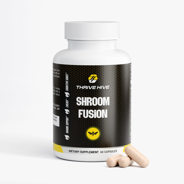 Thrive Hive Shroom Fusion bottle, a medicinal mushroom blend for brain and immune support.