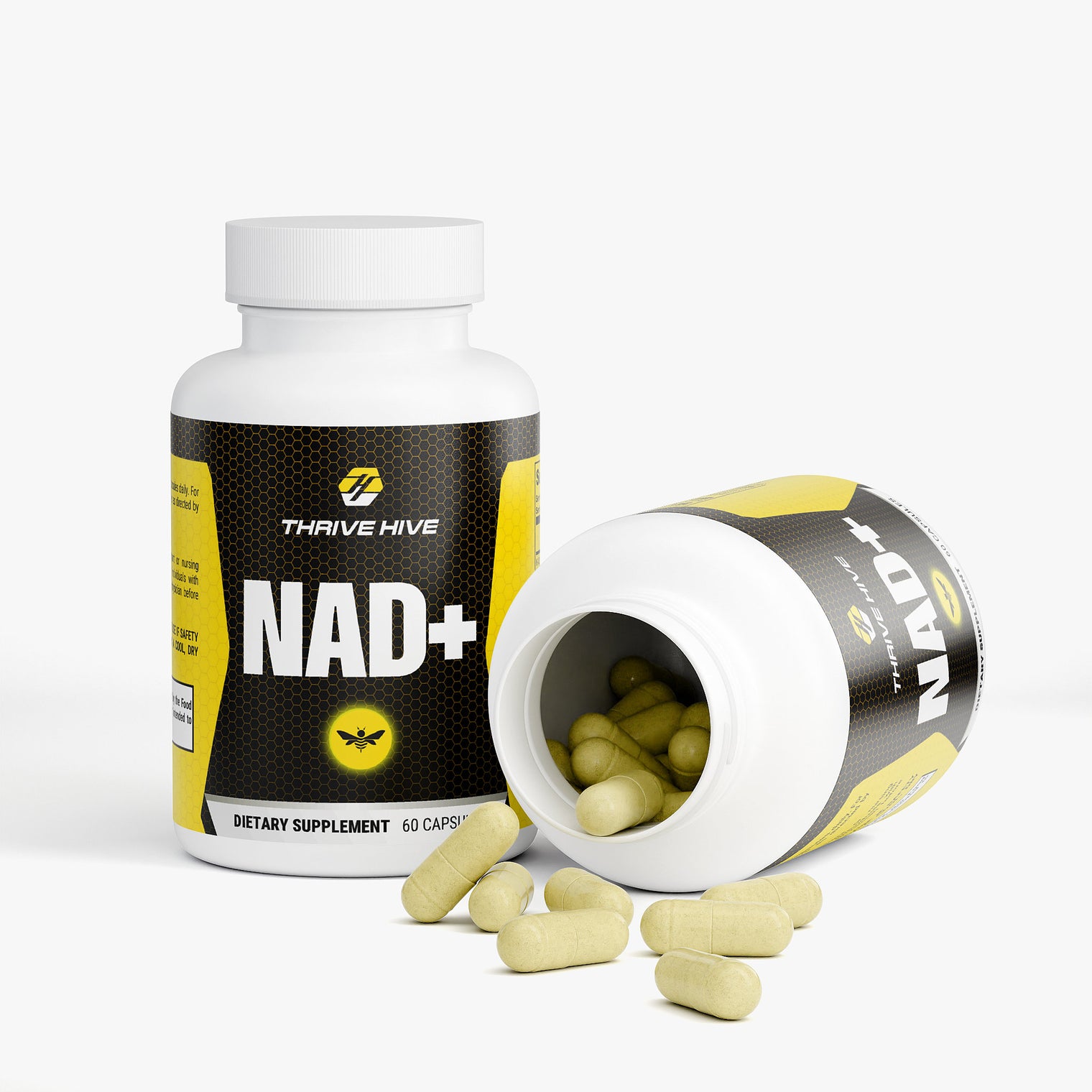 Close-up of a Thrive Hive NAD+ capsule, a supplement with Quercetin and Resveratrol.