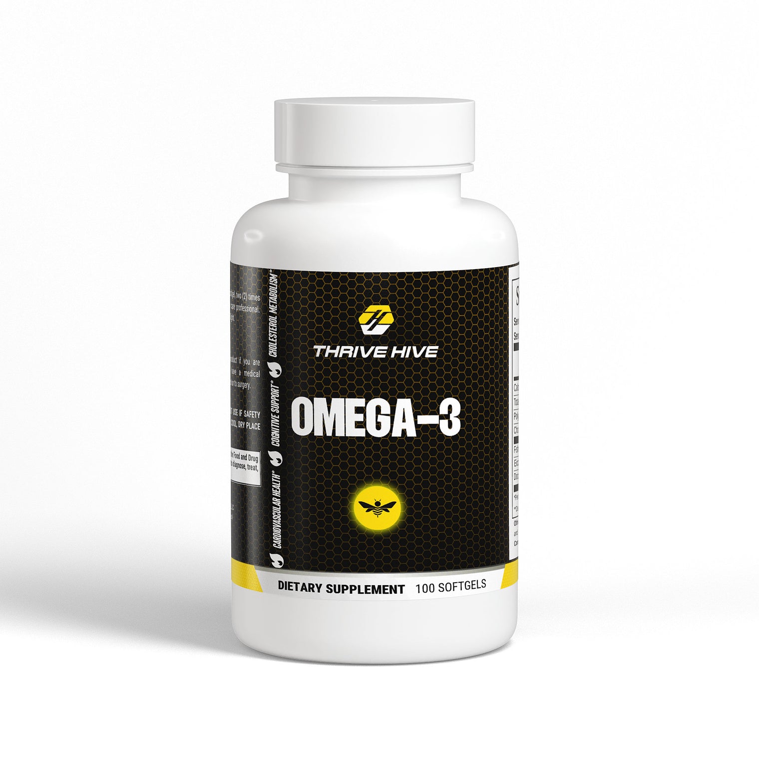 Thrive Hive Omega-3 softgels bottle, an EPA DHA supplement for heart and brain health.