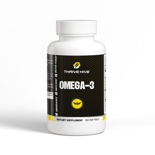 Thrive Hive Omega-3 softgels bottle, an EPA DHA supplement for heart and brain health.