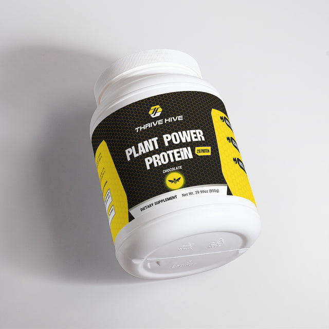 Thrive Hive Plant Power Protein chocolate flavor jar, a dairy-free and vegan supplement.