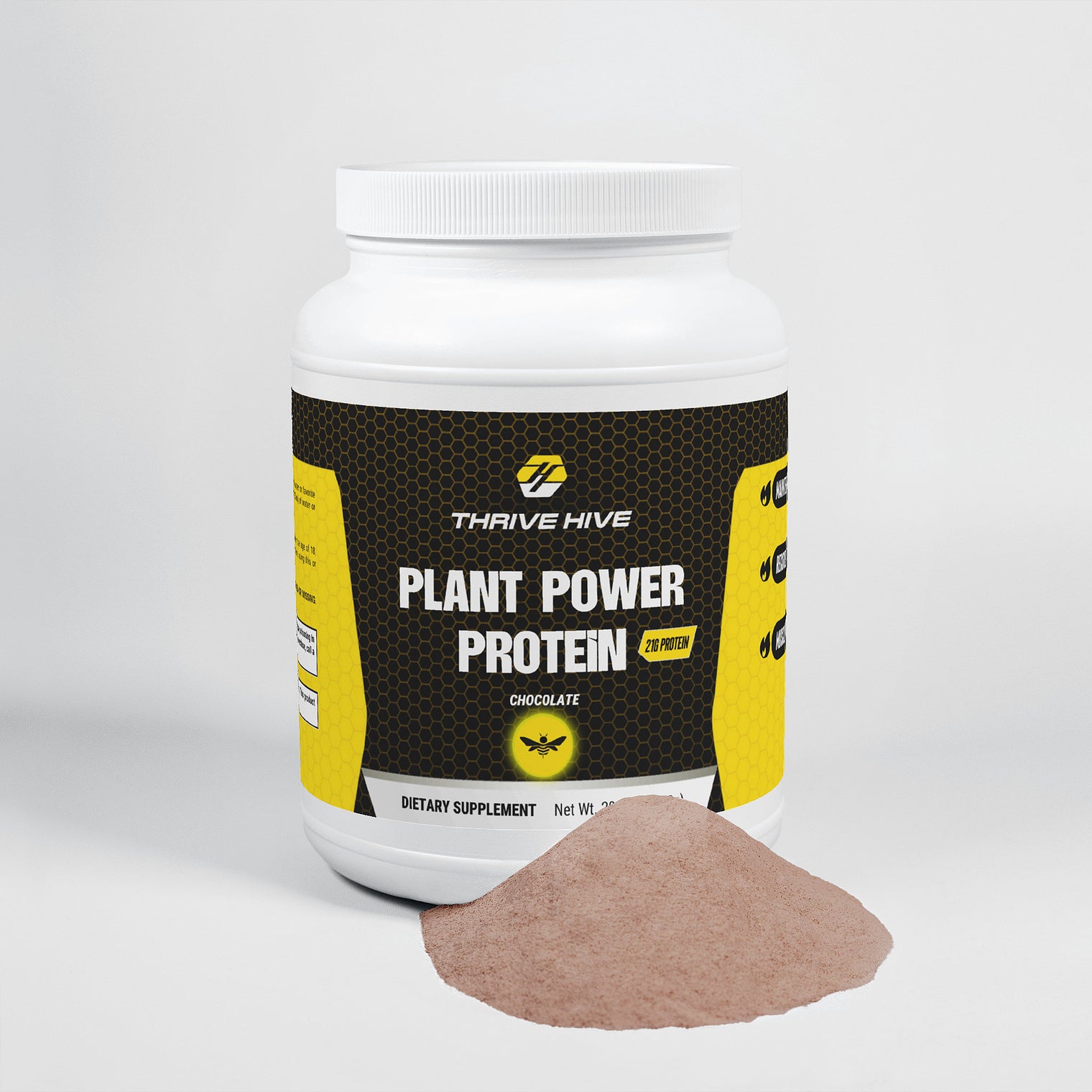 Thrive Hive Plant Power Protein chocolate flavor jar, a dairy-free and vegan supplement.