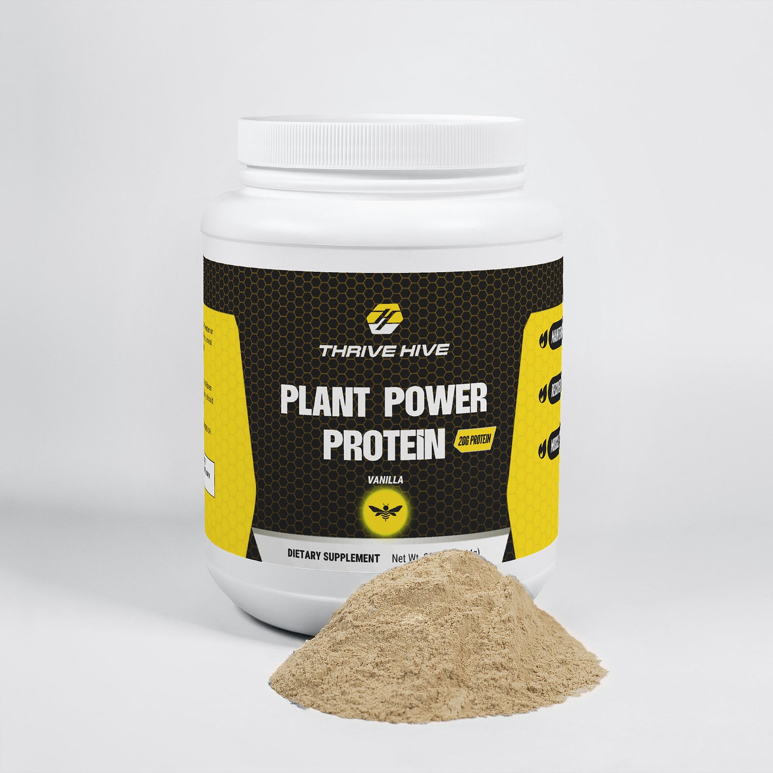 Thrive Hive Plant Power Protein vanilla flavor jar, a dairy-free and vegan supplement.