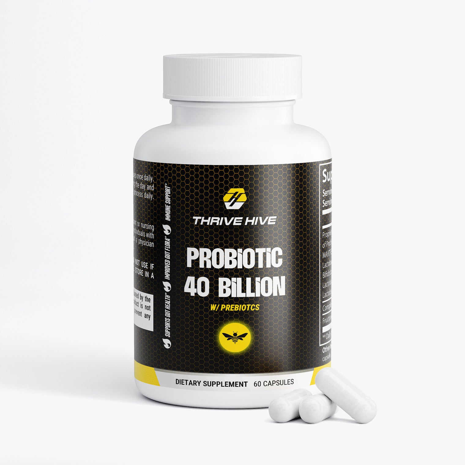 Thrive Hive Probiotic 40 Billion bottle, a supplement for gut health with prebiotics.