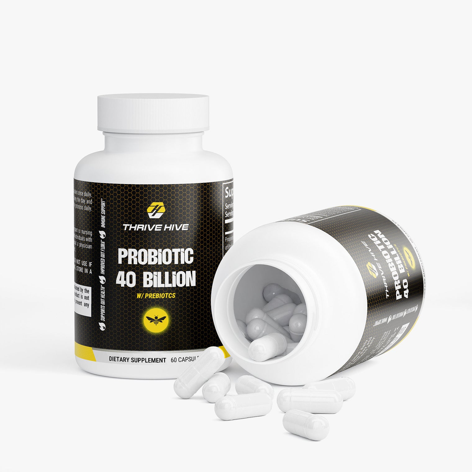 Close-up of a Thrive Hive Probiotic 40 Billion capsule, a digestive support supplement.