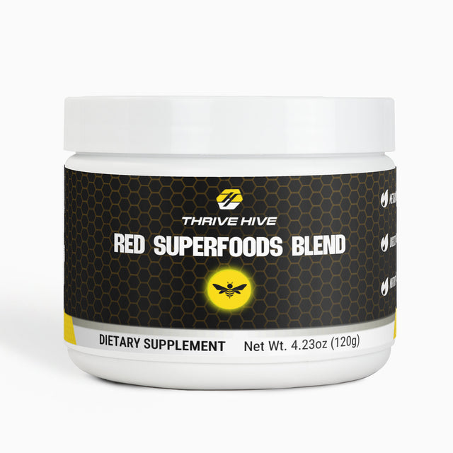 Thrive Hive Red Superfoods Blend container, a reds powder for daily wellness.