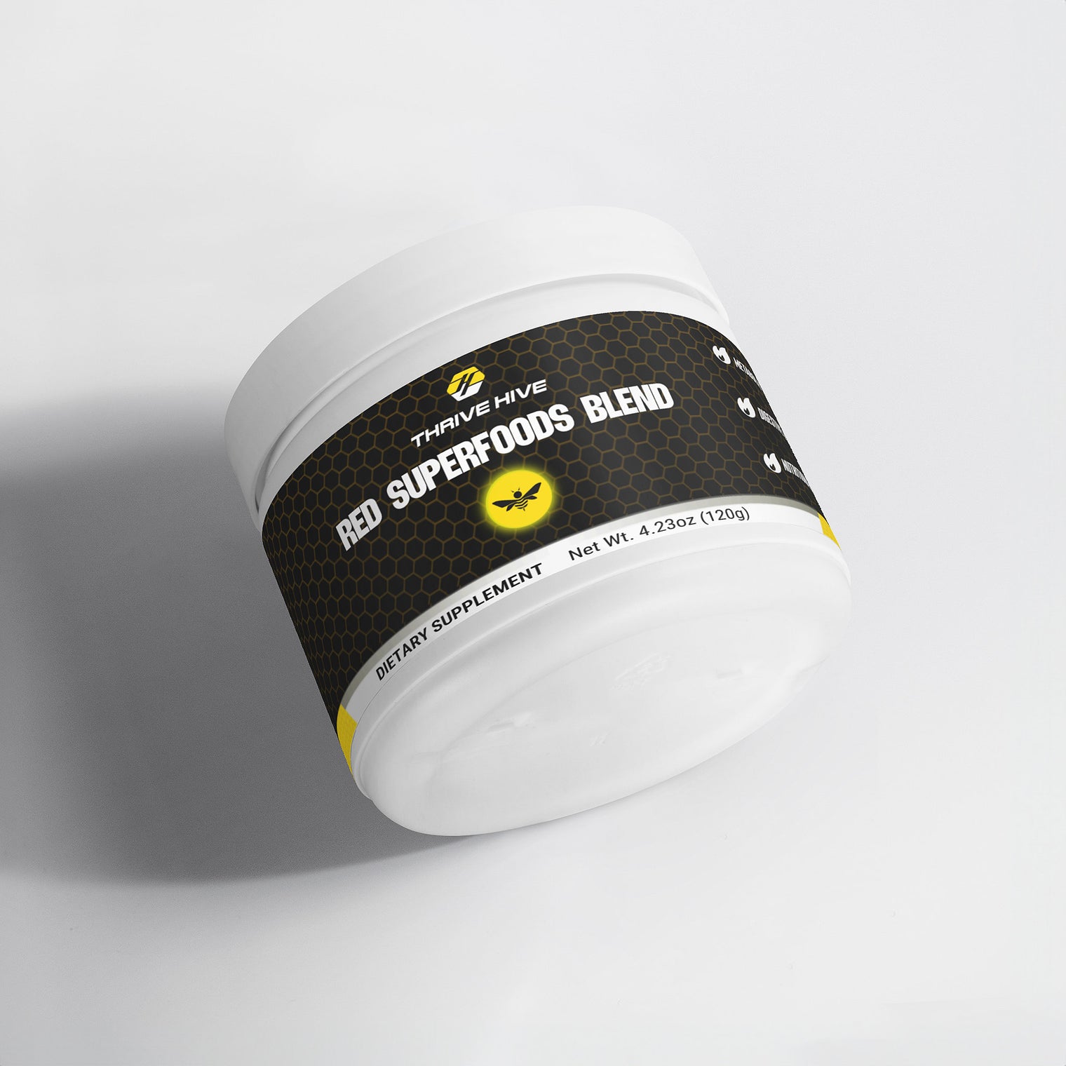 Thrive Hive Red Superfoods Blend container, a reds powder for daily wellness.