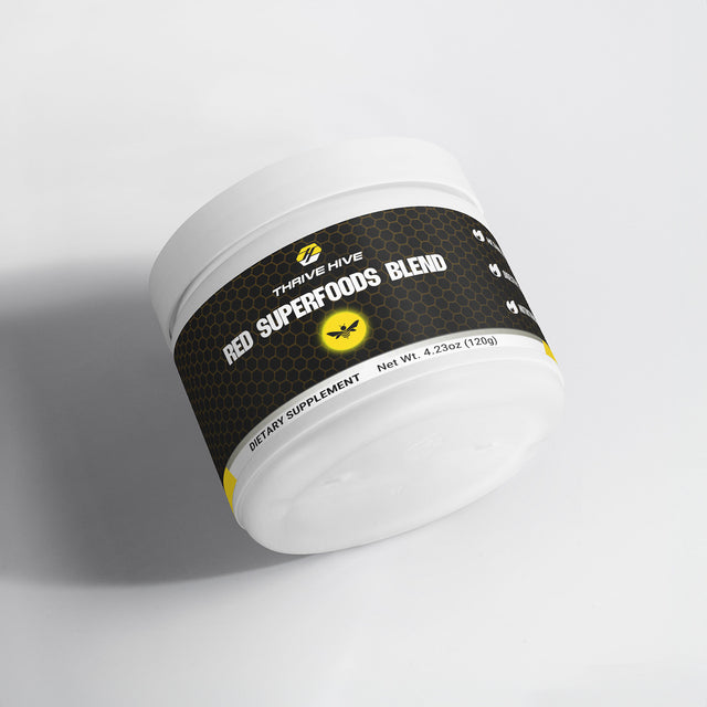 Thrive Hive Red Superfoods Blend container, a reds powder for daily wellness.