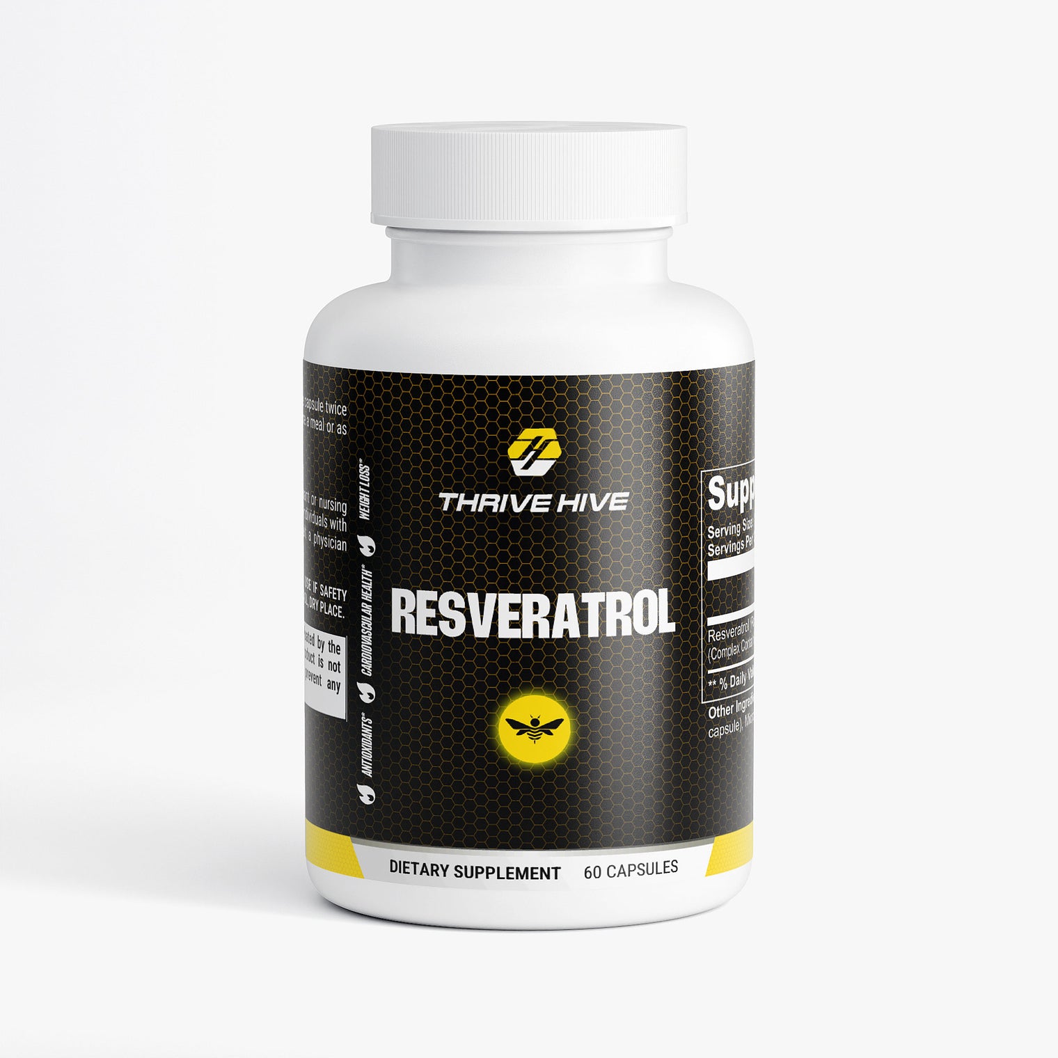 Thrive Hive Resveratrol supplement bottle, a natural antioxidant for daily wellness.
