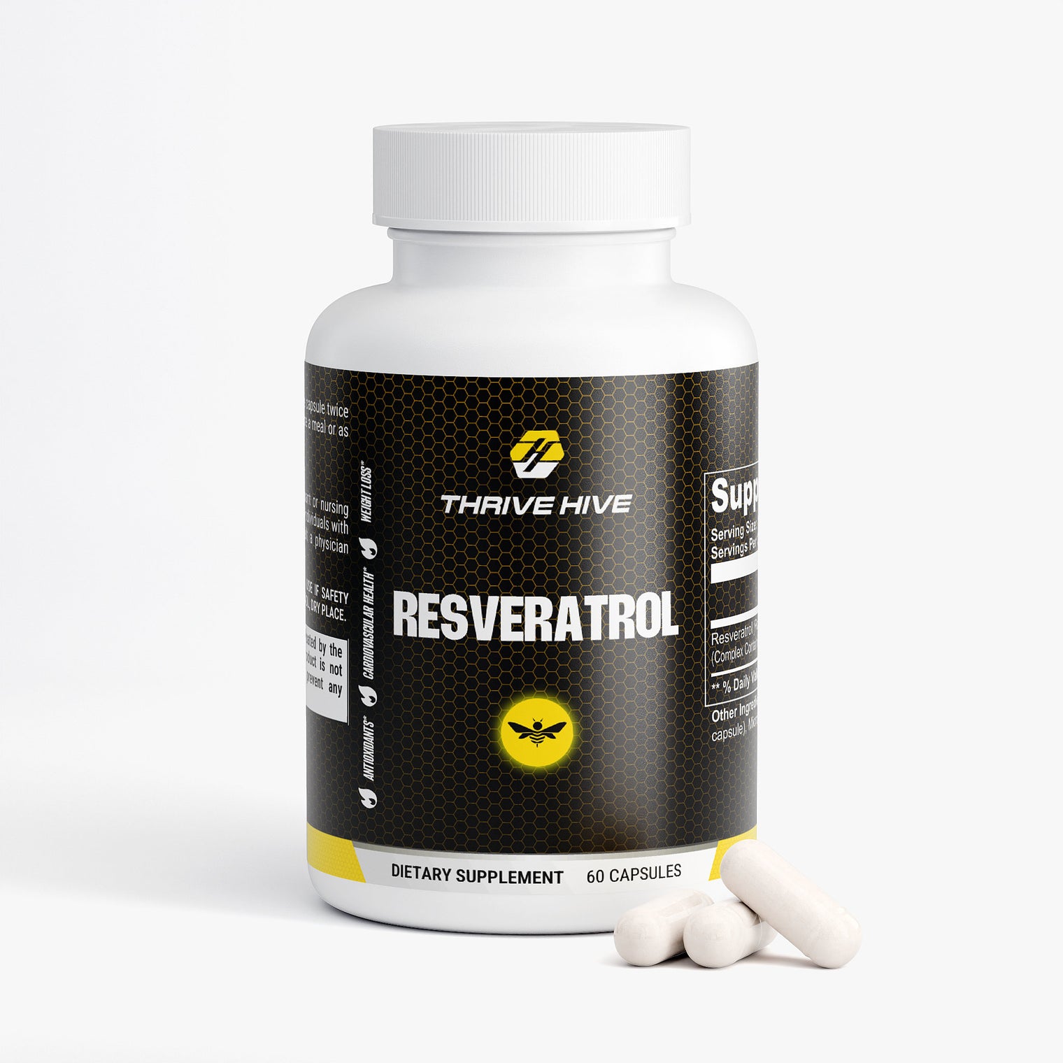 Thrive Hive Resveratrol supplement bottle, a natural antioxidant for daily wellness.