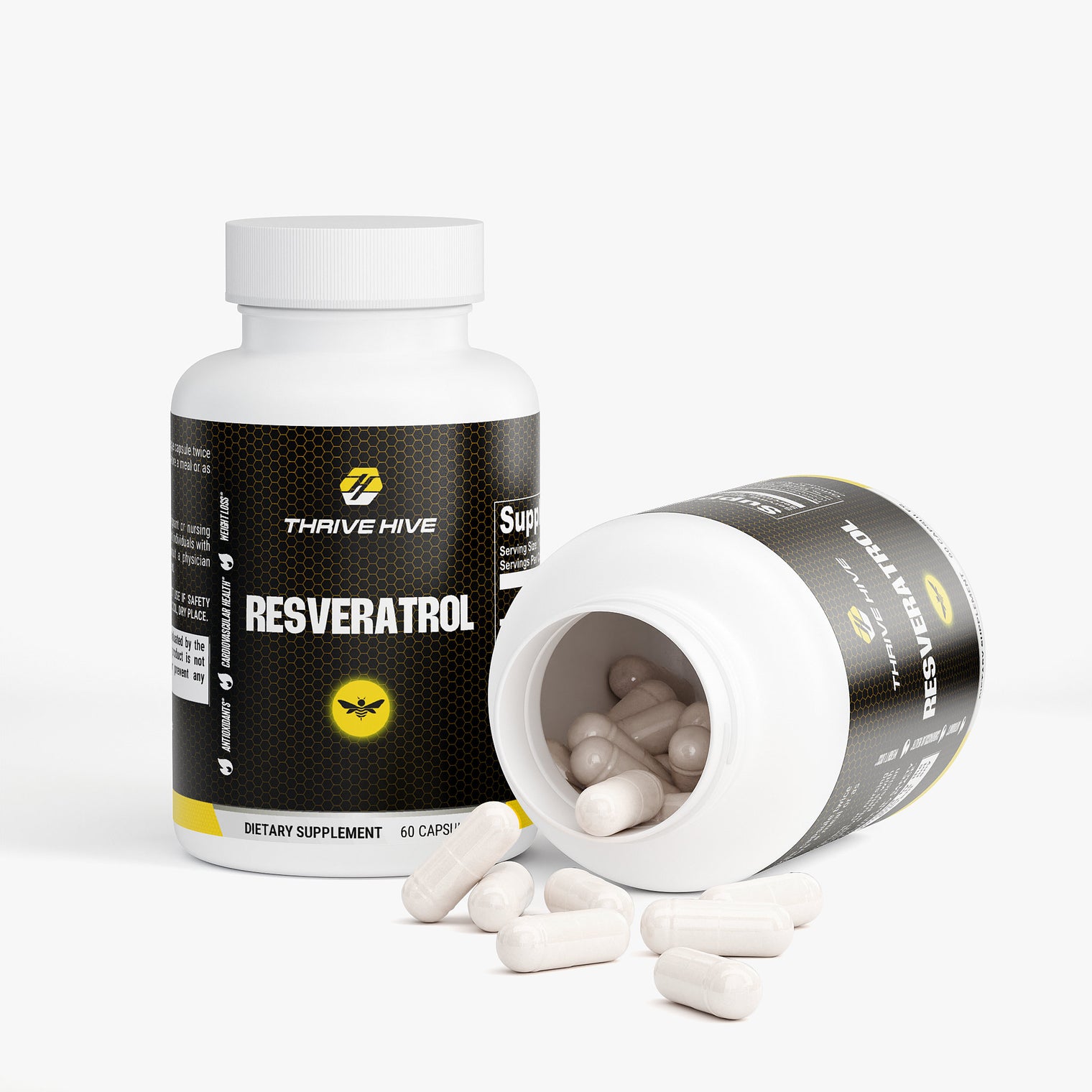 Close-up of a Thrive Hive Resveratrol capsule, a supplement for brain and cholesterol health.